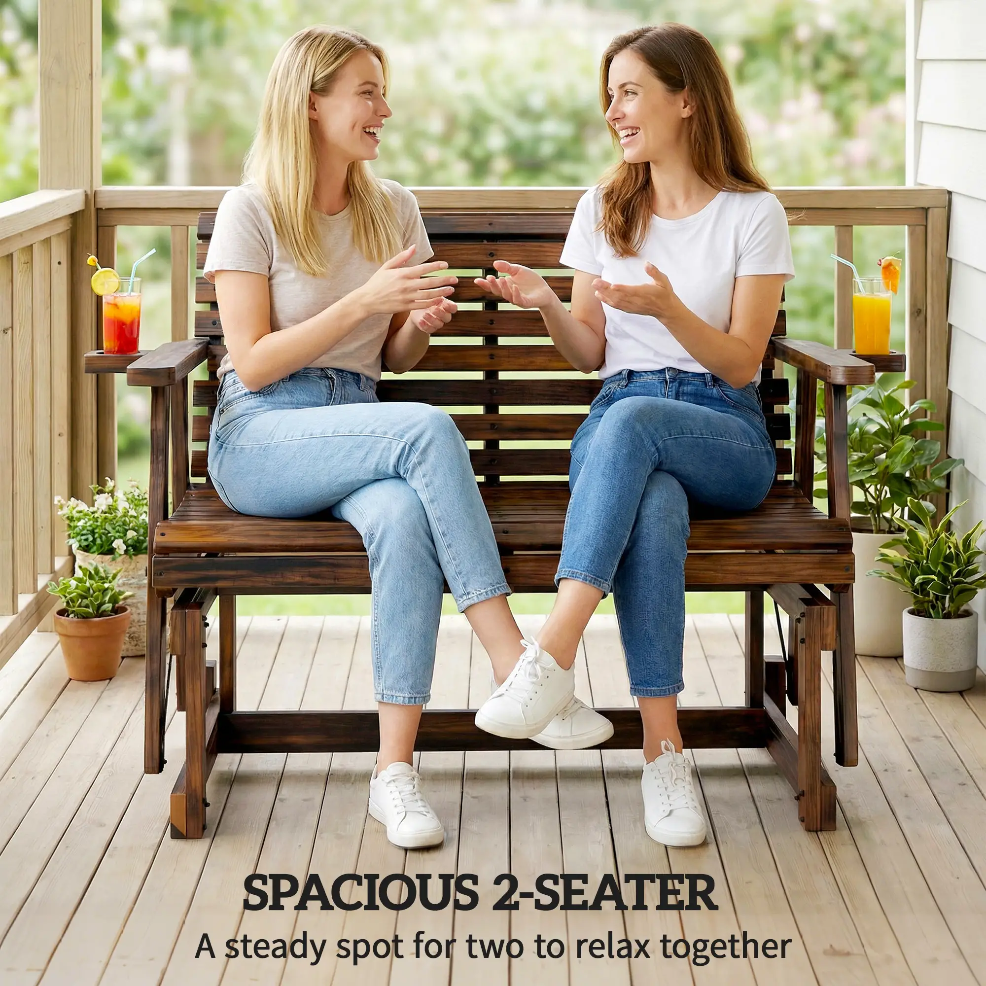 Outdoor Glider Bench, Wooden Glider Chair With 2 Cupholders - Image 9