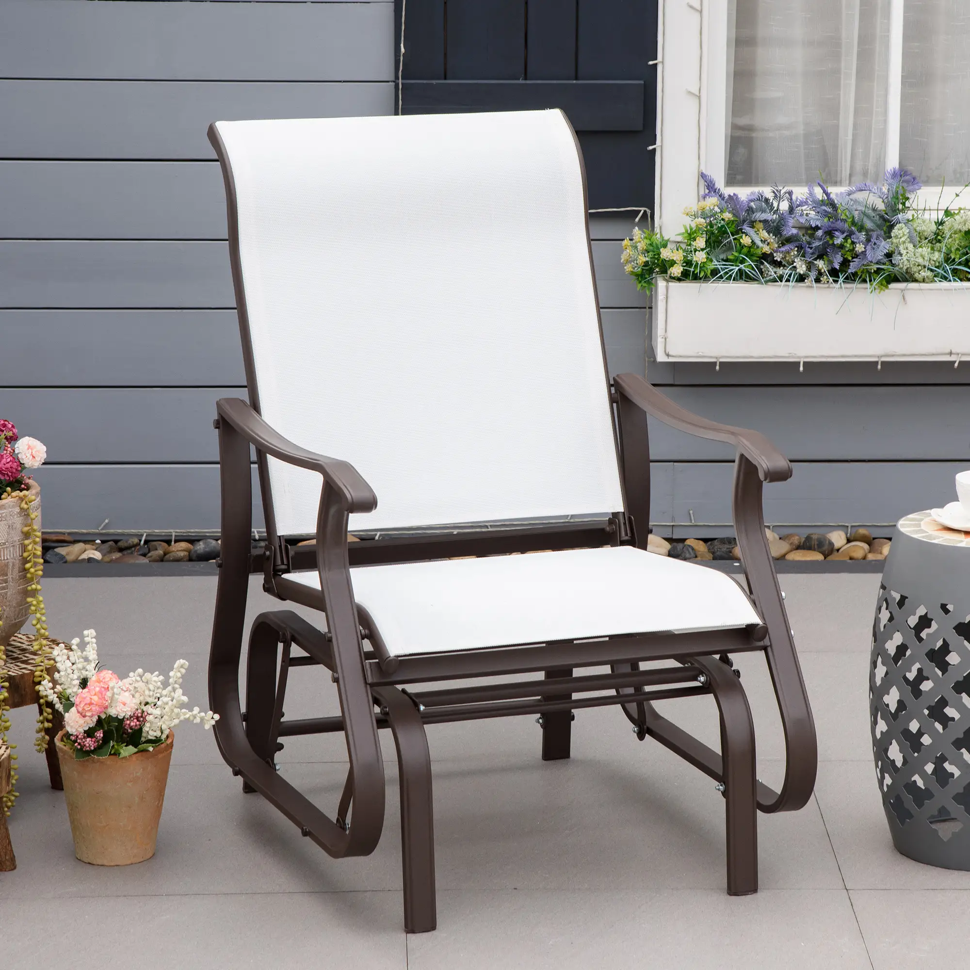 Outdoor Glider Chair, Steel Frame, Mesh Fabric, Cream White - Image 8