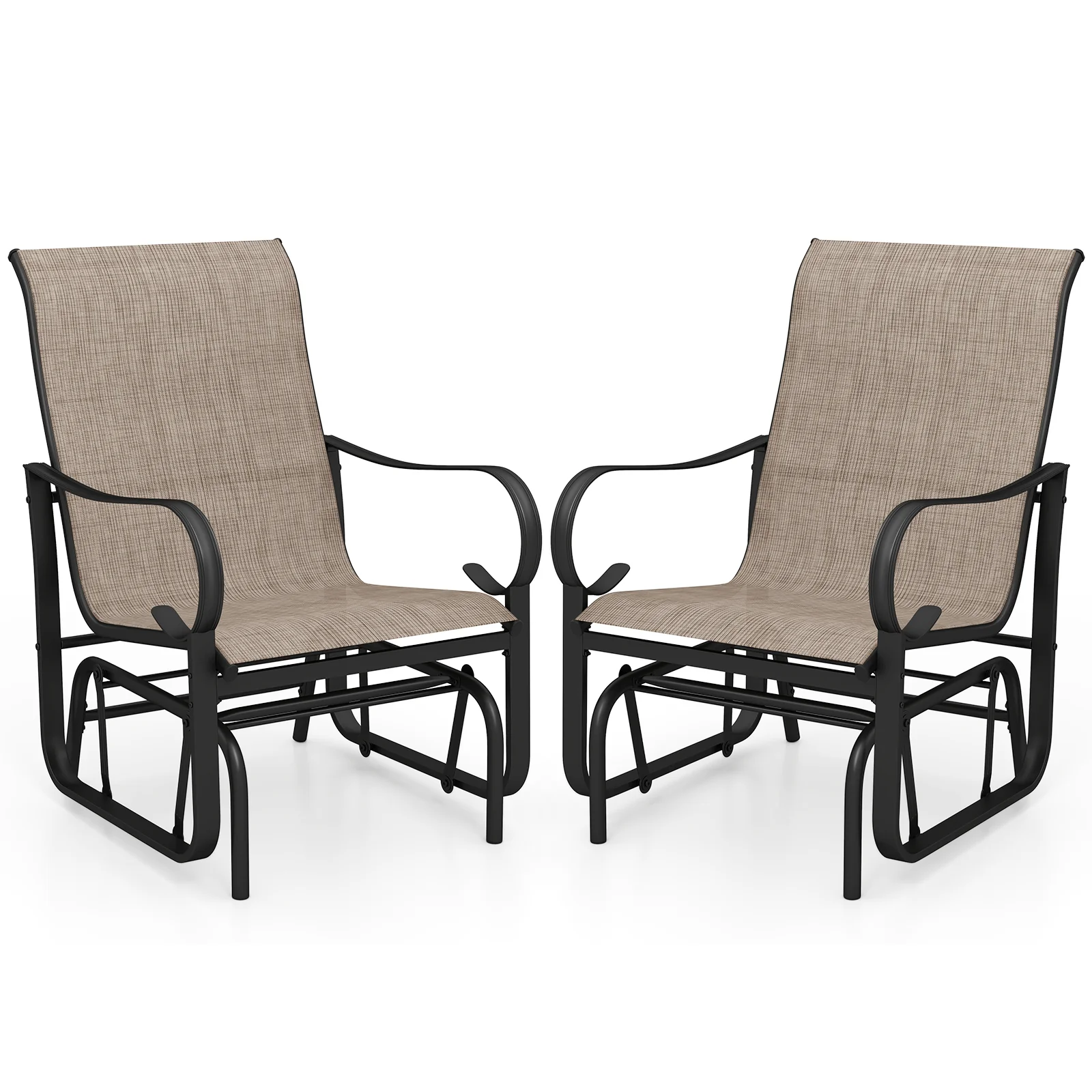 Outdoor Glider Chairs Set of 2, High Backrest, Breathable Mesh, Metal Frame, Black and Brown
