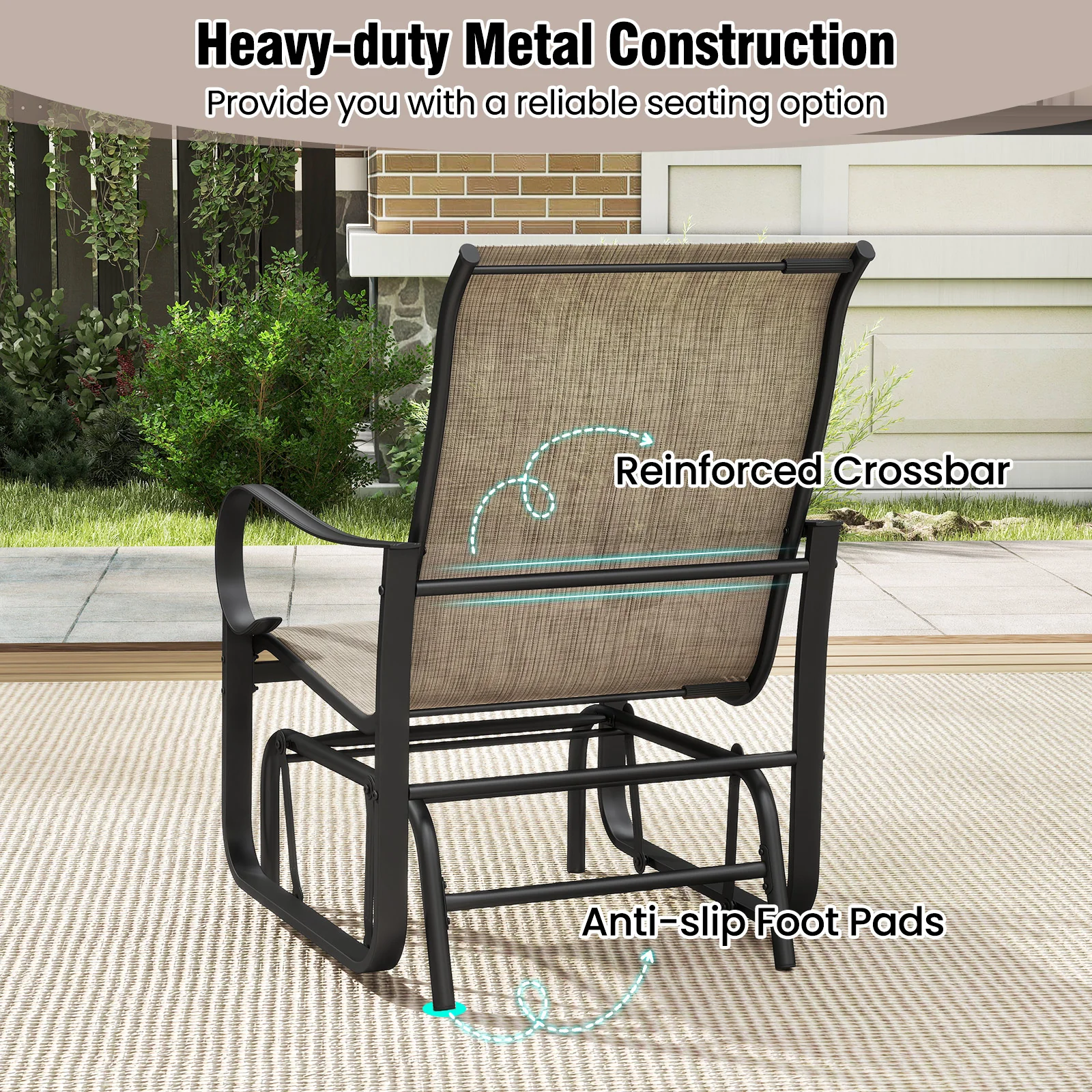 Outdoor Glider Chairs Set of 2, High Backrest, Breathable Mesh, Metal Frame, Black and Brown - Image 10