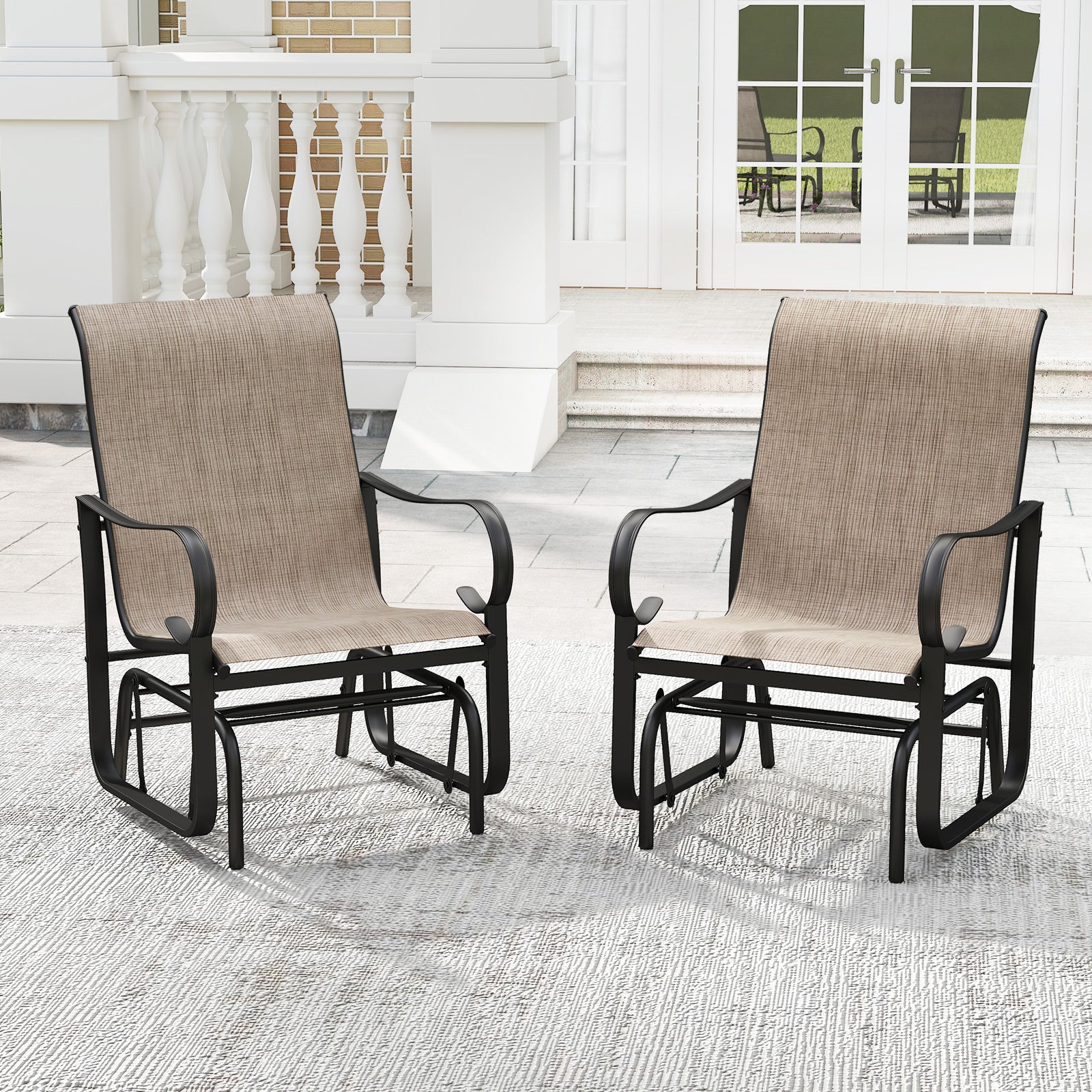 Outdoor Glider Chairs Set of 2, High Backrest, Breathable Mesh, Metal Frame, Black and Brown - Image 2