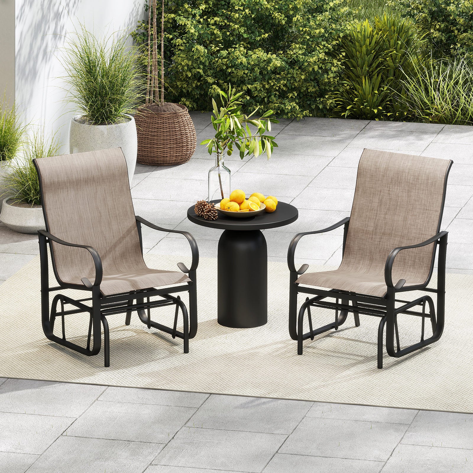 Outdoor Glider Chairs Set of 2, High Backrest, Breathable Mesh, Metal Frame, Black and Brown - Image 3