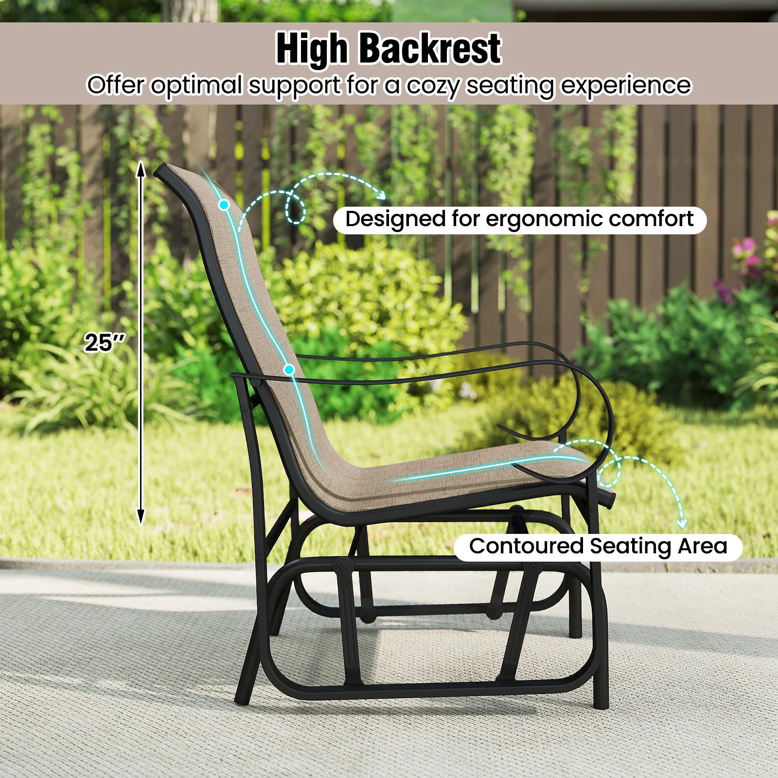 Outdoor Glider Chairs Set of 2, High Backrest, Breathable Mesh, Metal Frame, Black and Brown - Image 7