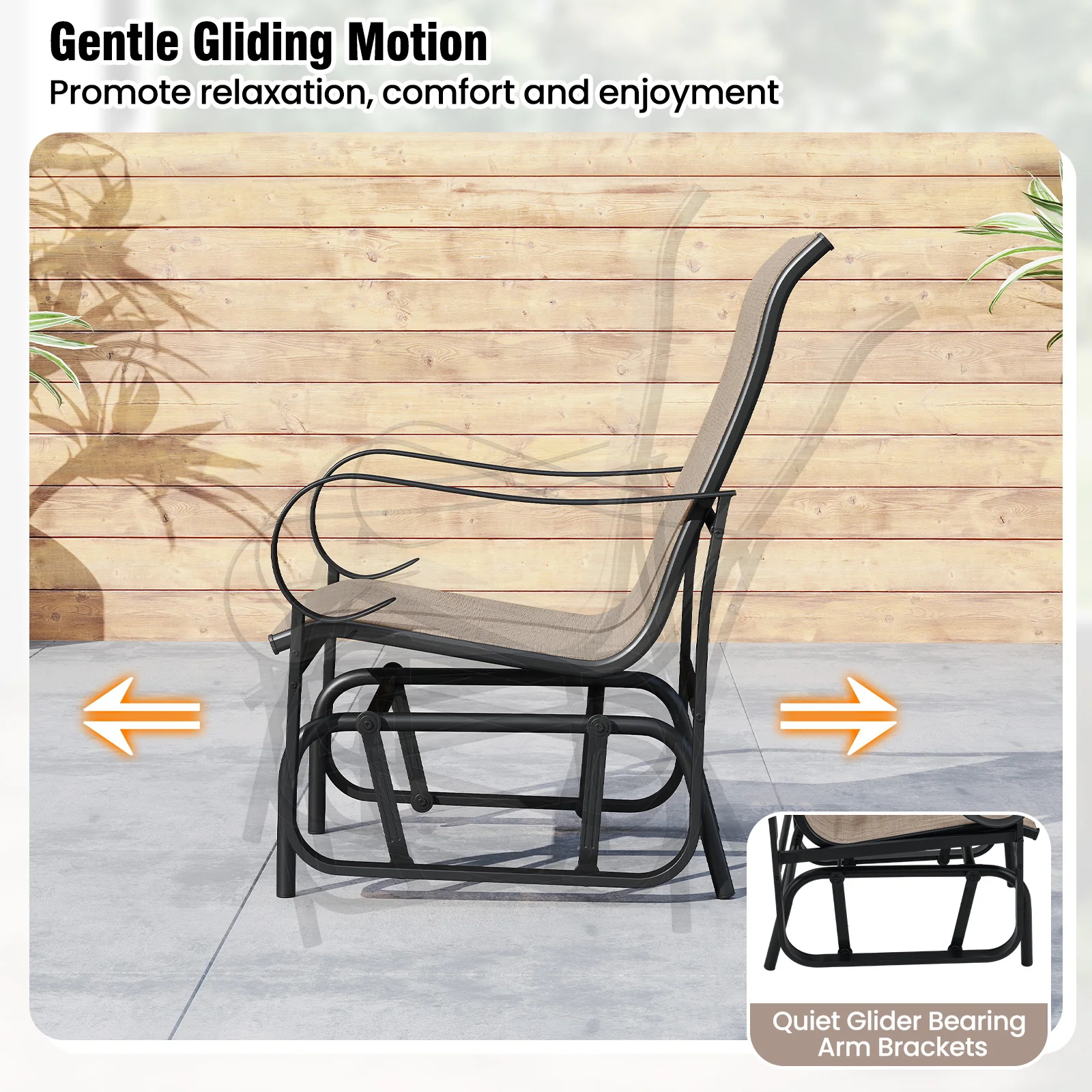 Outdoor Glider Chairs Set of 2, High Backrest, Breathable Mesh, Metal Frame, Black and Brown - Image 8