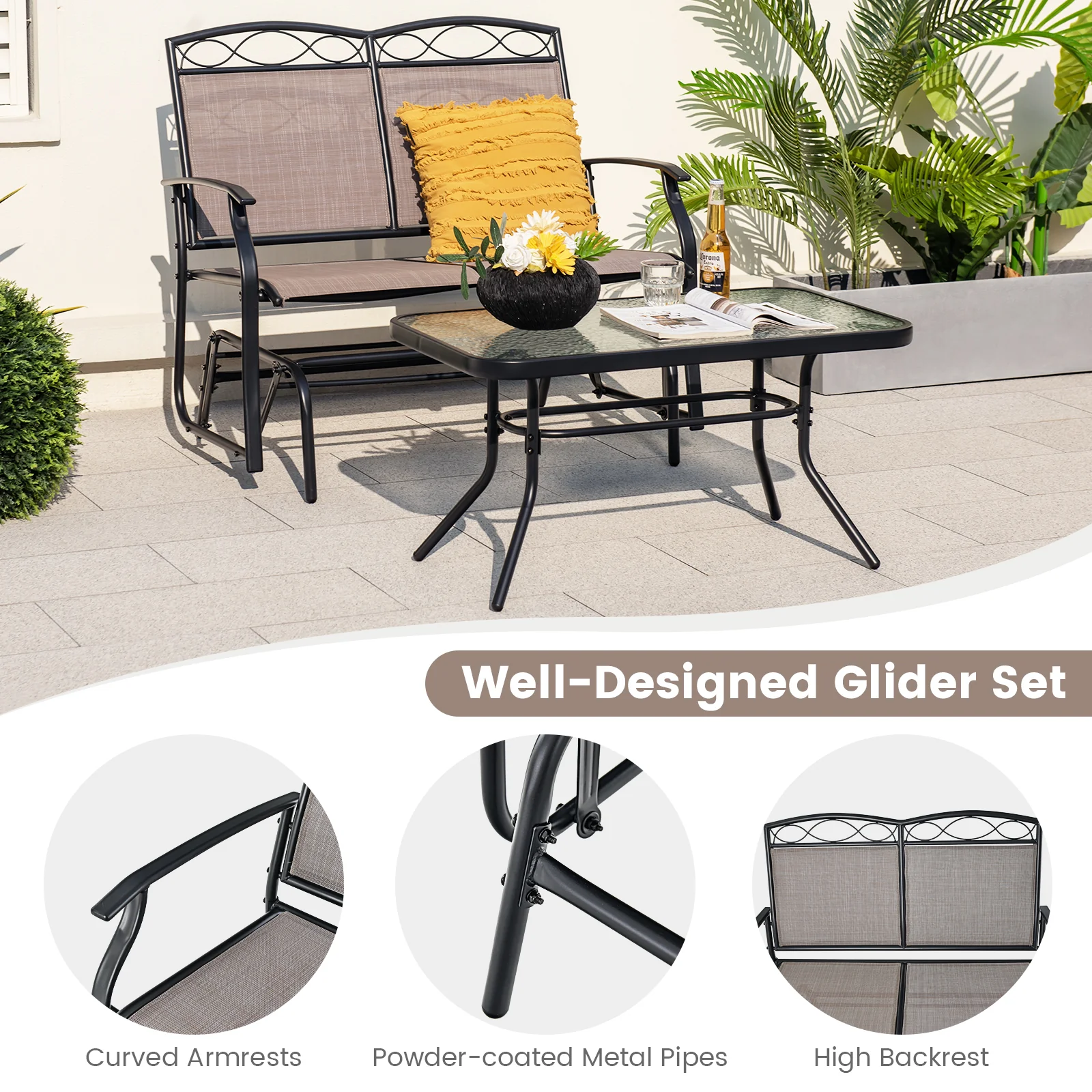 Outdoor Gliding Loveseat Chair With Tempered Glass Coffee Table, 2 Pieces, Brown - Image 10