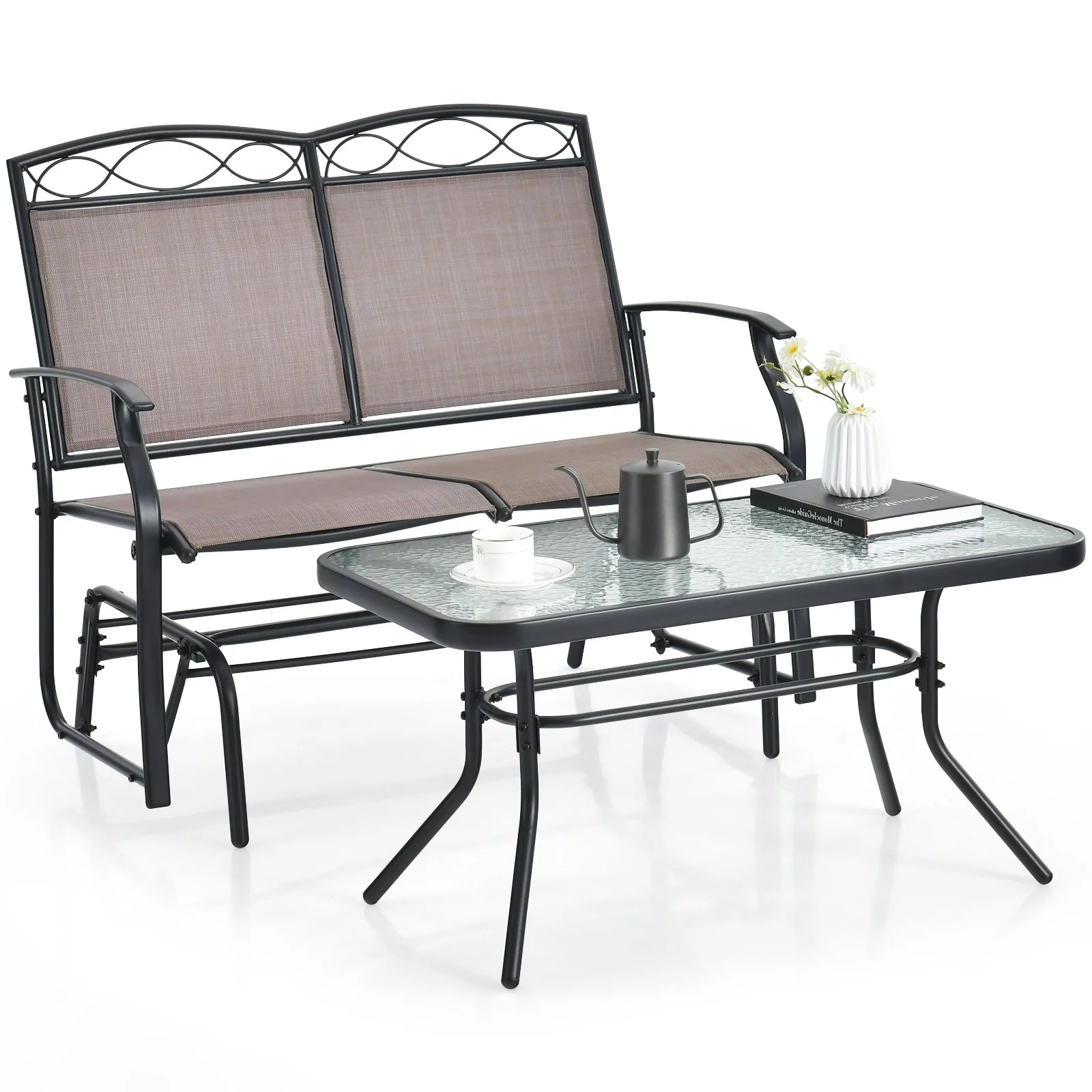 Outdoor Gliding Loveseat Chair With Tempered Glass Coffee Table, 2 Pieces, Brown - Image 11