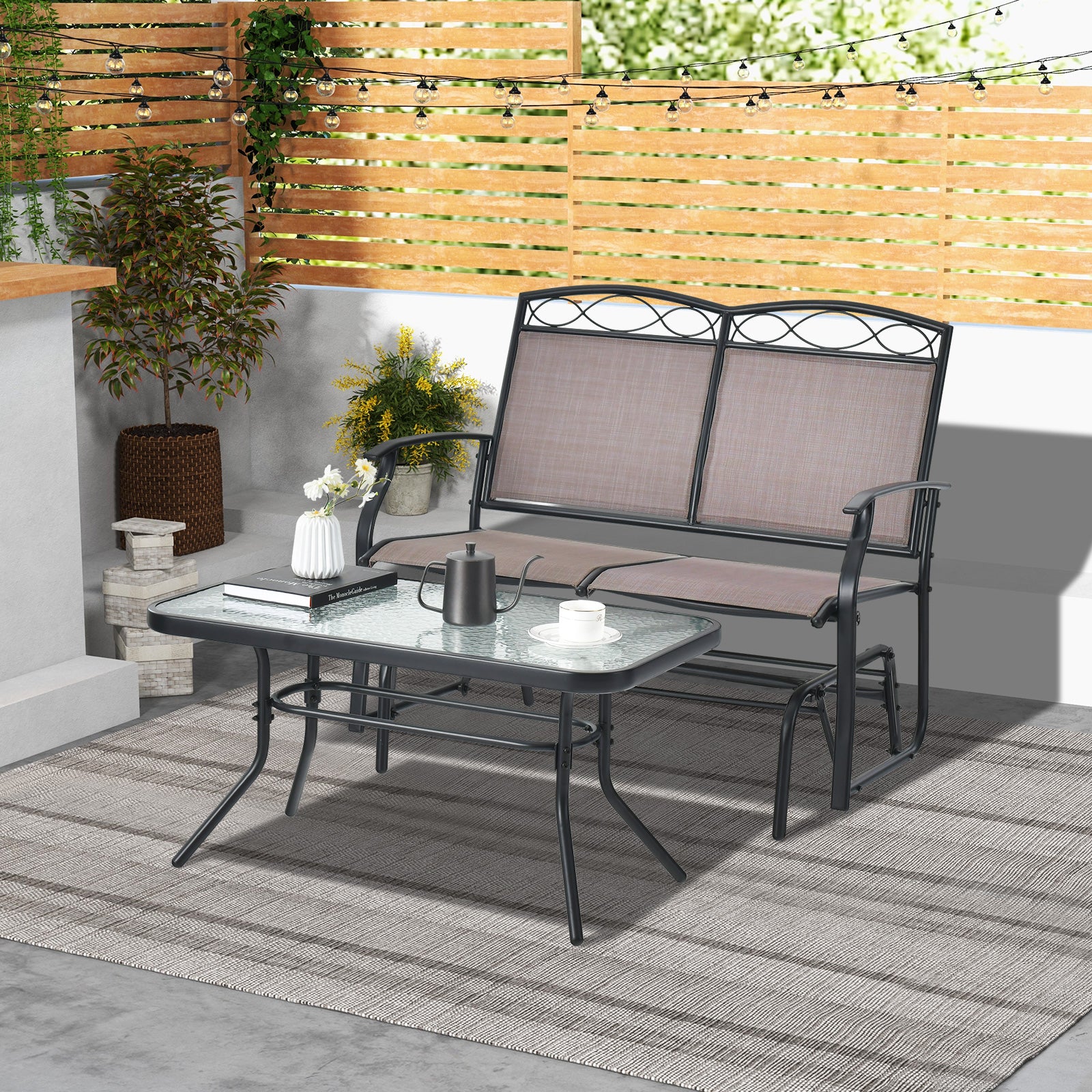 Outdoor Gliding Loveseat Chair With Tempered Glass Coffee Table, 2 Pieces, Brown - Image 2