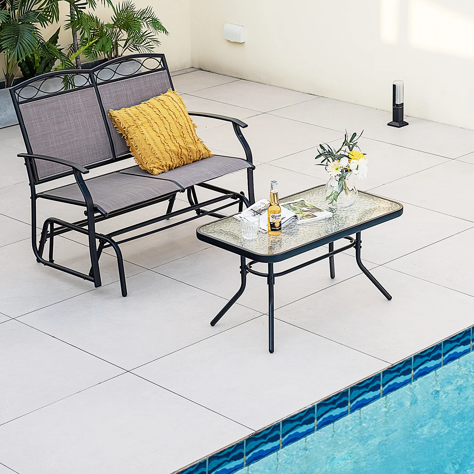 Outdoor Gliding Loveseat Chair With Tempered Glass Coffee Table, 2 Pieces, Brown - Image 3