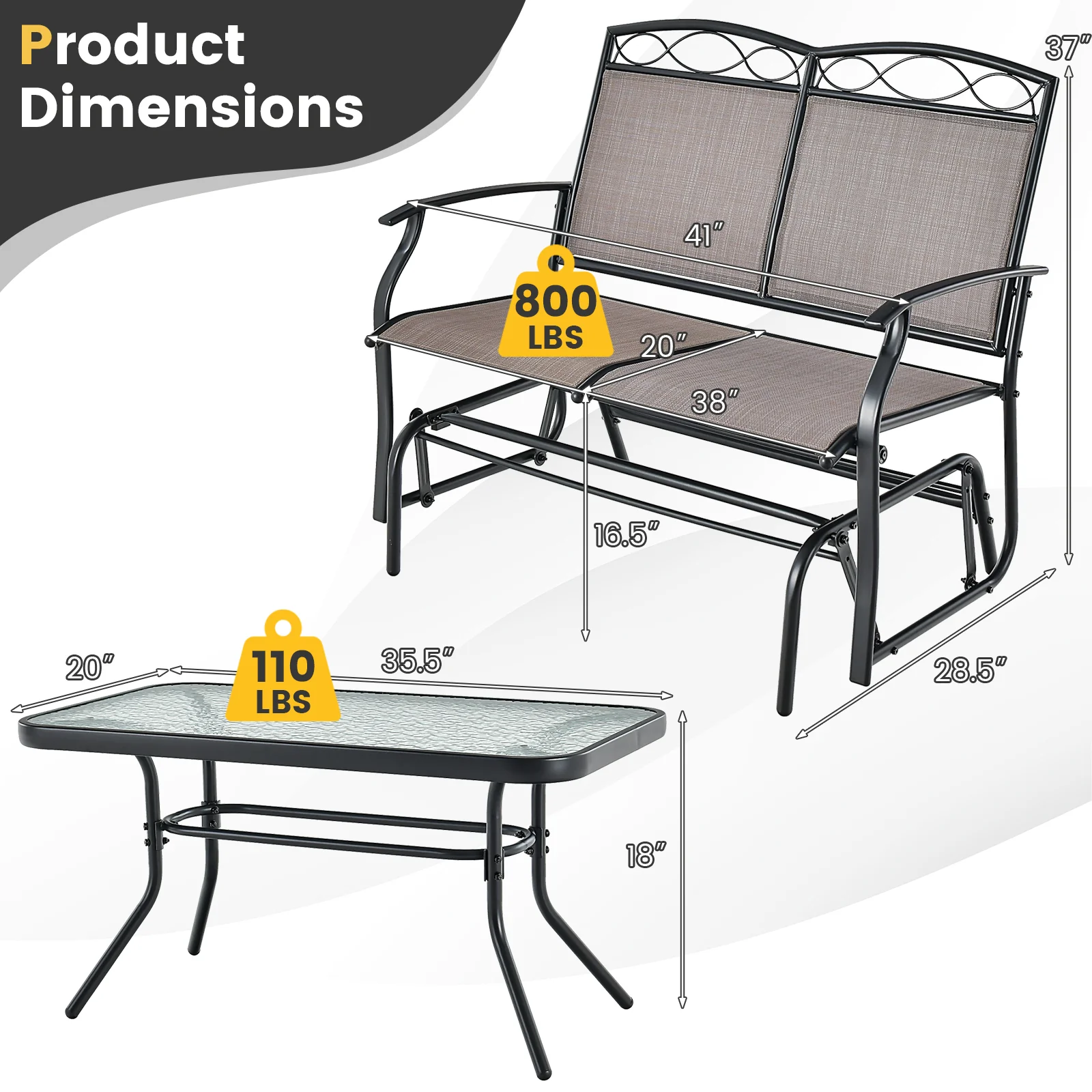 Outdoor Gliding Loveseat Chair With Tempered Glass Coffee Table, 2 Pieces, Brown - Image 5