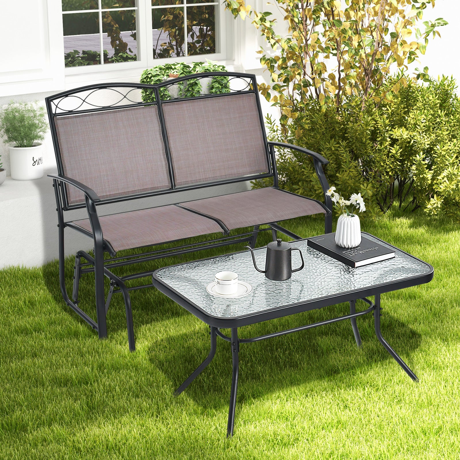 Outdoor Gliding Loveseat Chair With Tempered Glass Coffee Table, 2 Pieces, Brown - Image 6