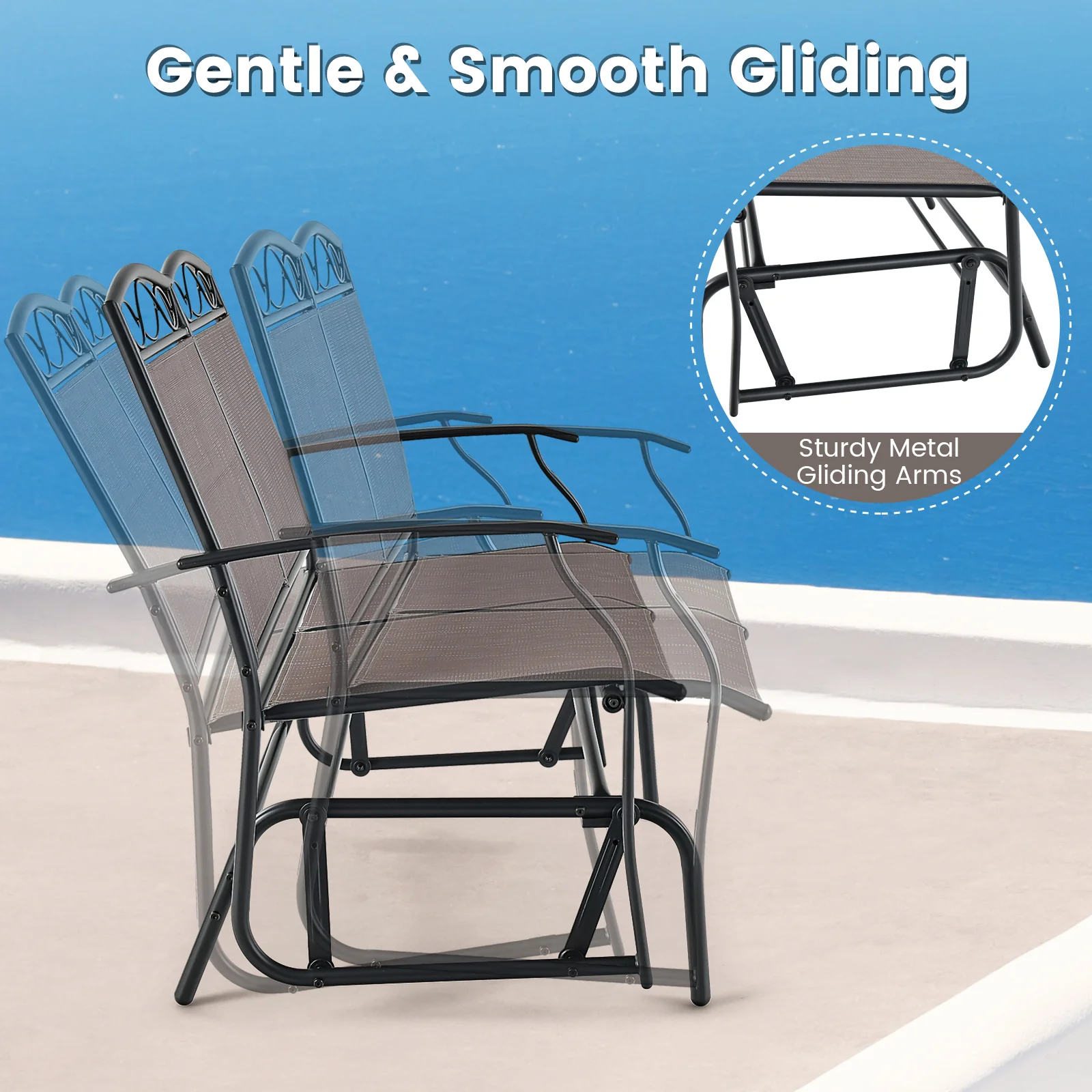 Outdoor Gliding Loveseat Chair With Tempered Glass Coffee Table, 2 Pieces, Brown - Image 7