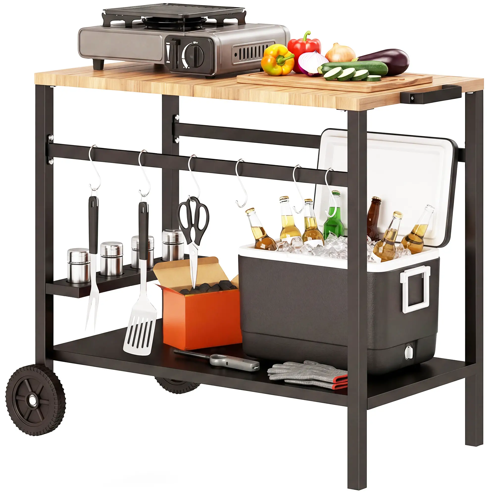 Outdoor Grill Cart, 2-Tier Pizza Oven Stand, Black And Brown