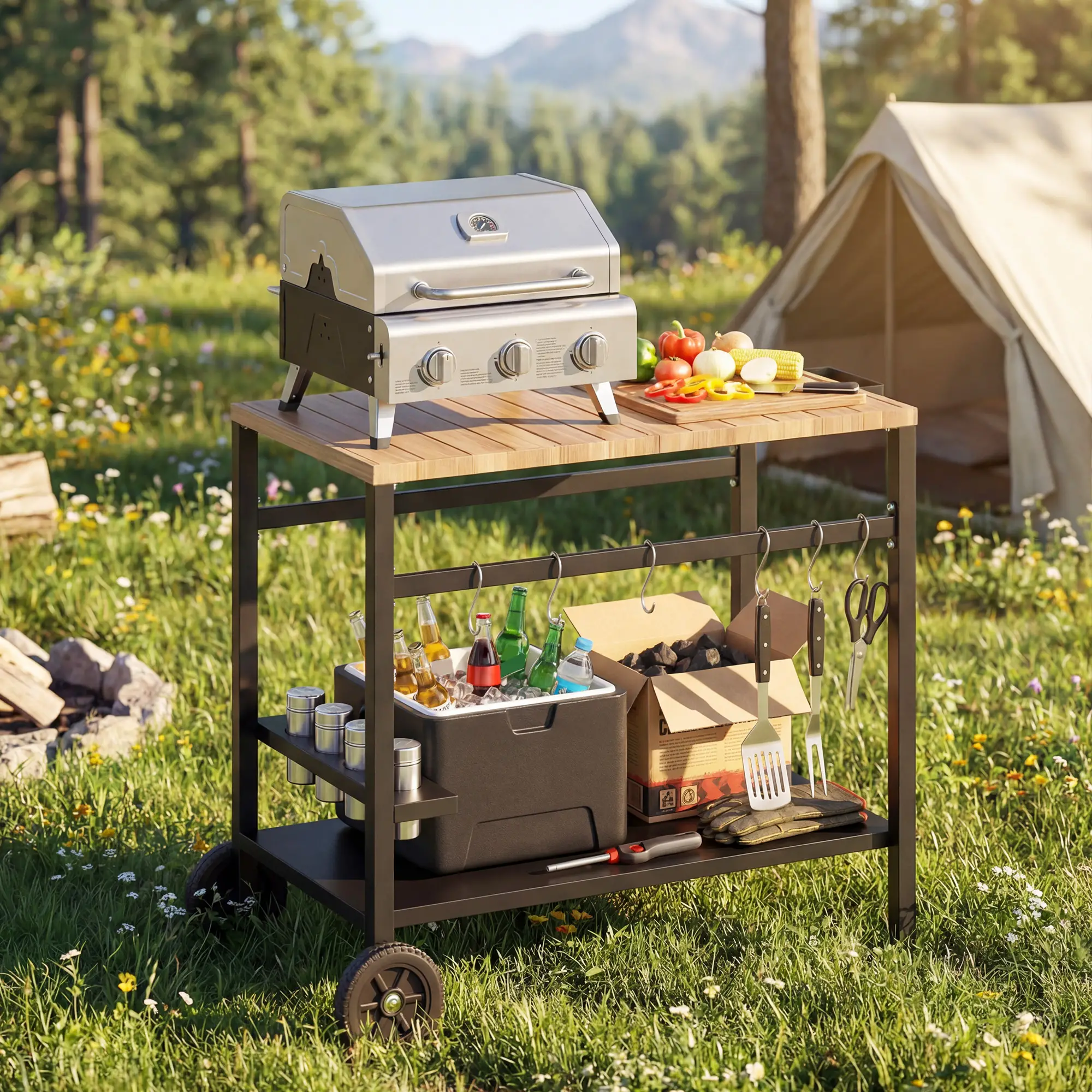 Outdoor Grill Cart, 2-Tier Pizza Oven Stand, Black And Brown - Image 8