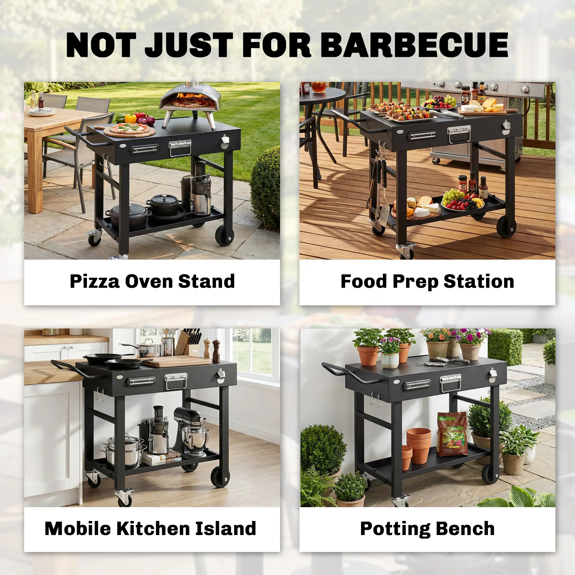 Outdoor Grill Cart, Folding Table With Magnetic Knife Holder, Hooks, Black - Image 10