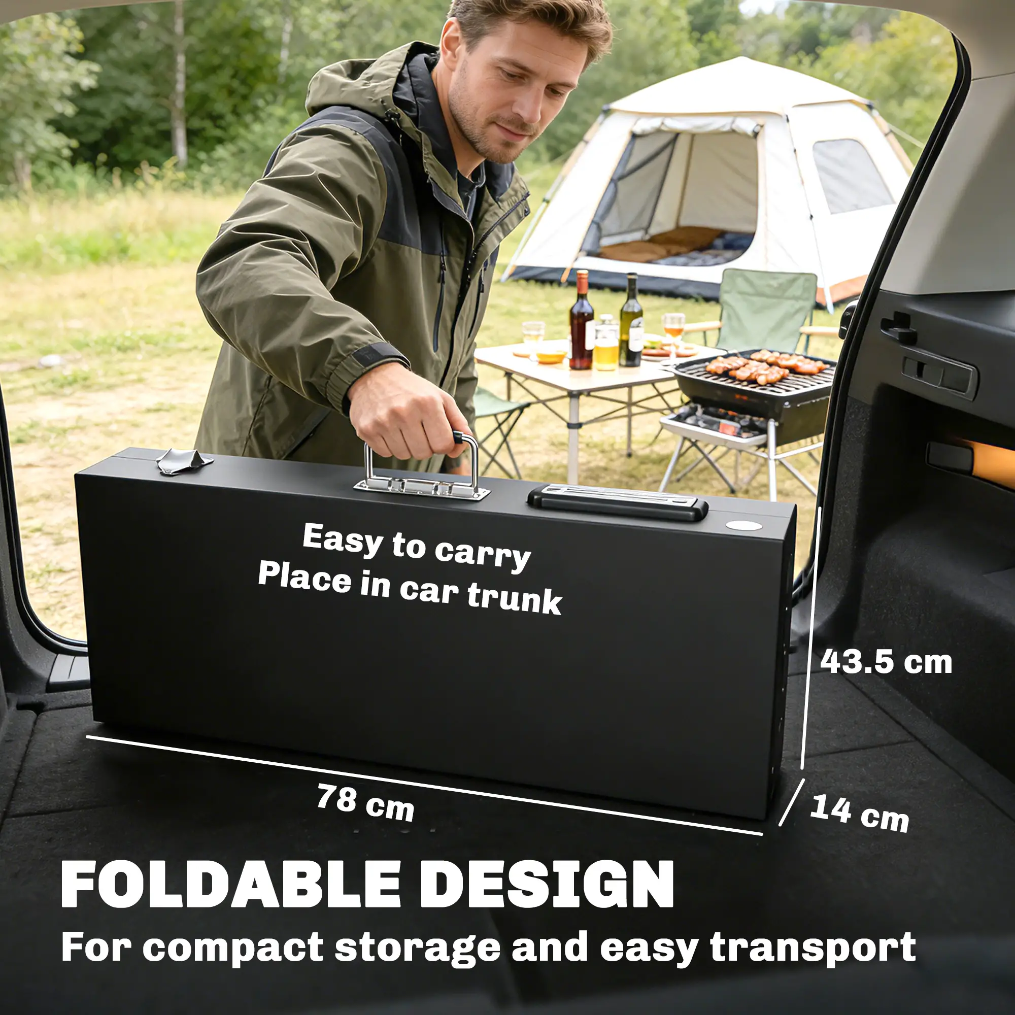 Outdoor Grill Cart, Folding Table With Magnetic Knife Holder, Hooks, Black - Image 5