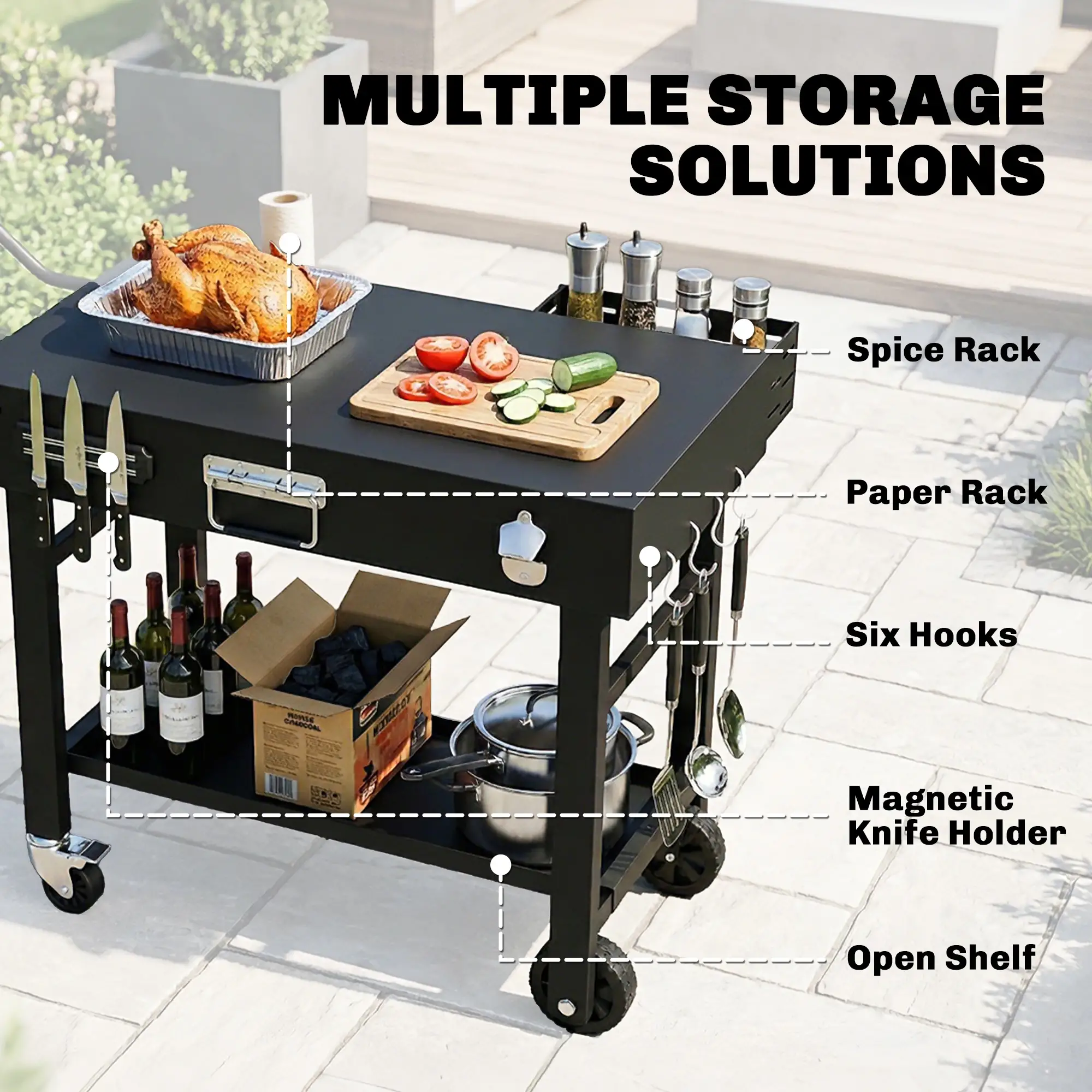 Outdoor Grill Cart, Folding Table With Magnetic Knife Holder, Hooks, Black - Image 6