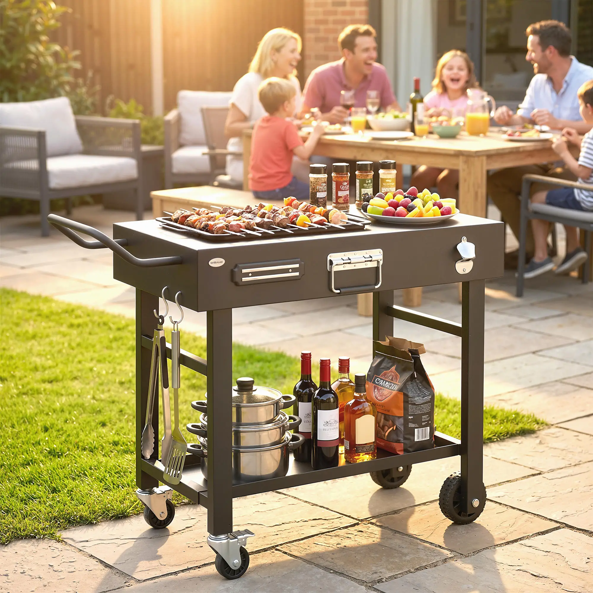 Outdoor Grill Cart, Folding Table With Magnetic Knife Holder, Hooks, Black - Image 8