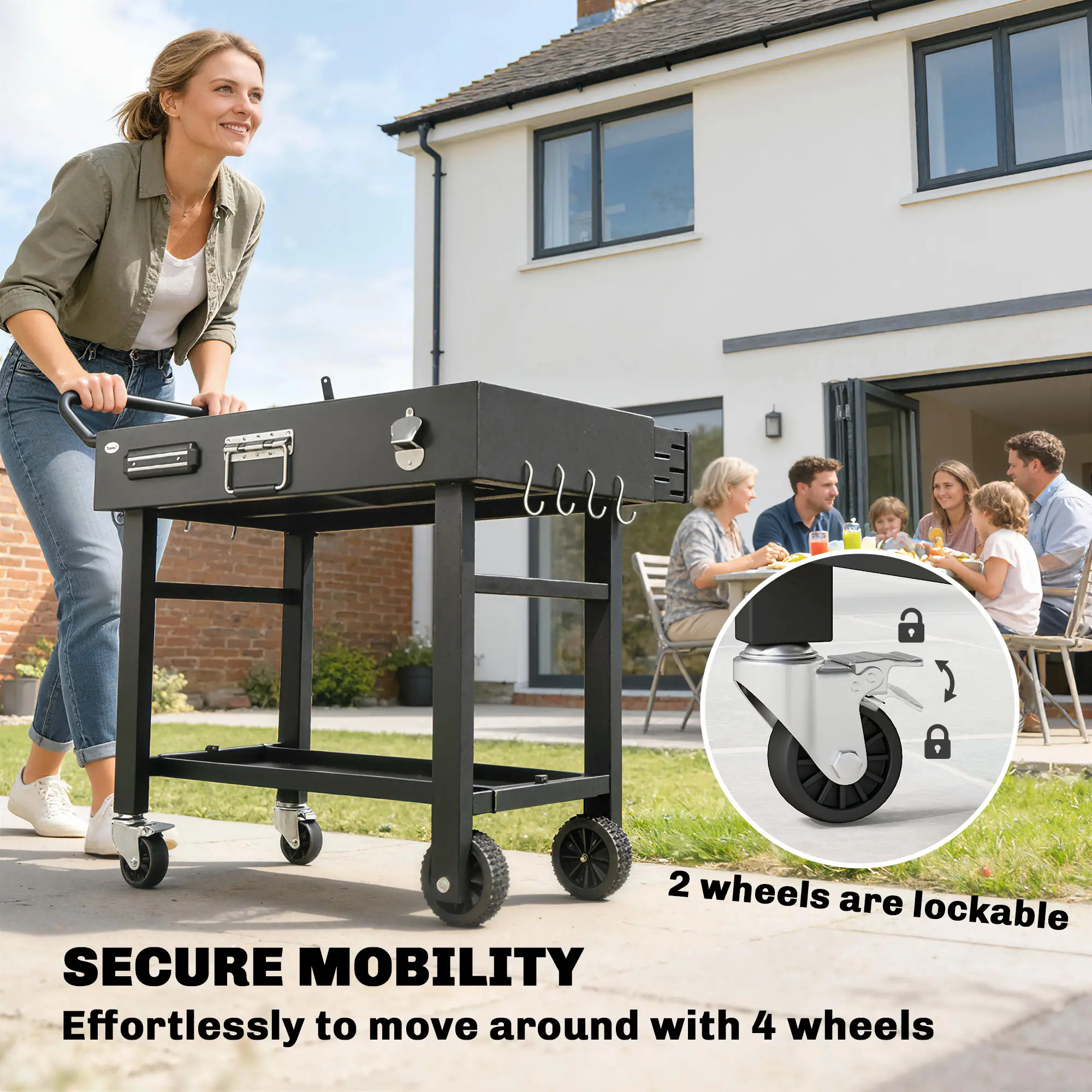 Outdoor Grill Cart, Folding Table With Magnetic Knife Holder, Hooks, Black - Image 9
