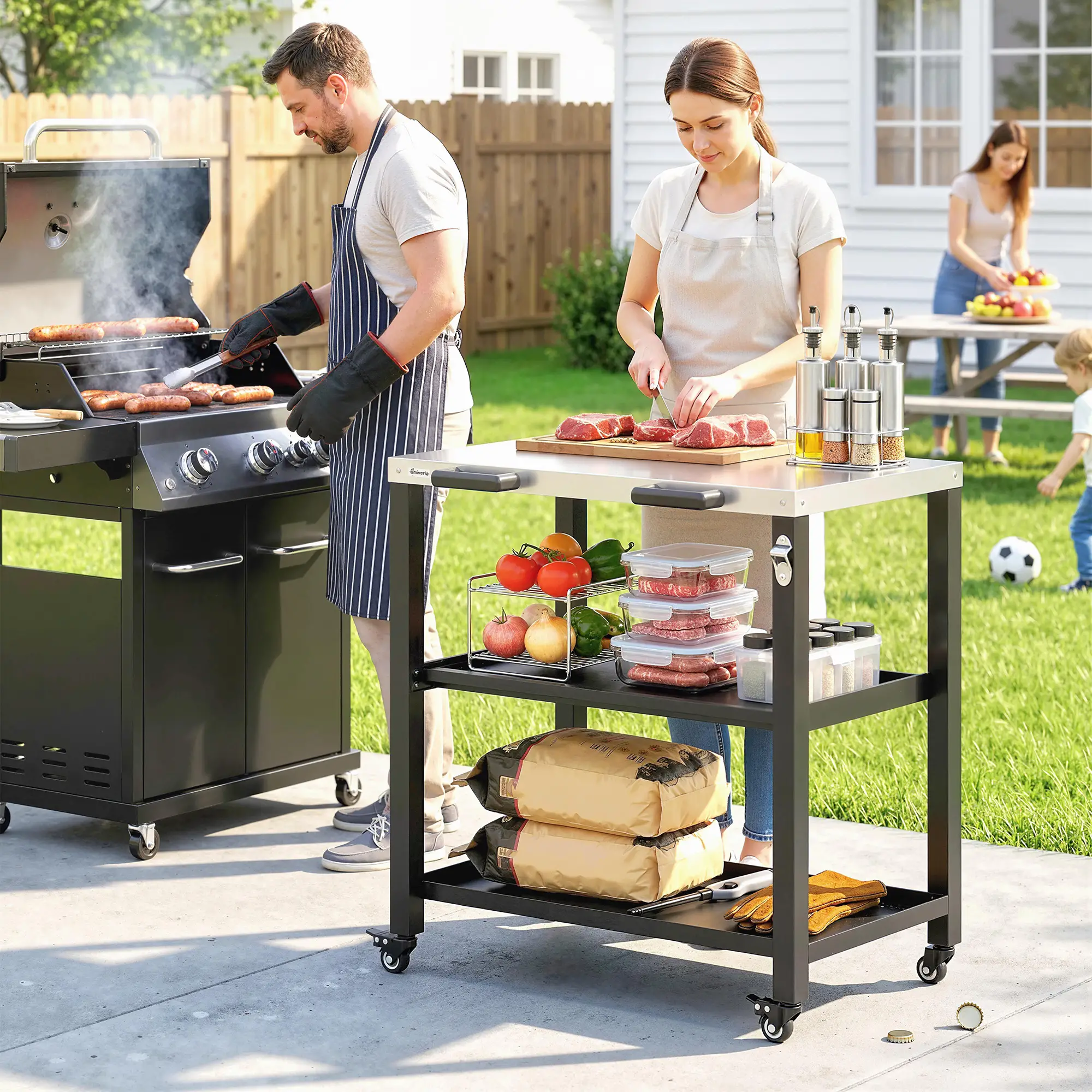 Outdoor Grill Cart, Stainless Steel Tabletop, 2 Shelves, Lockable Wheels - Image 2