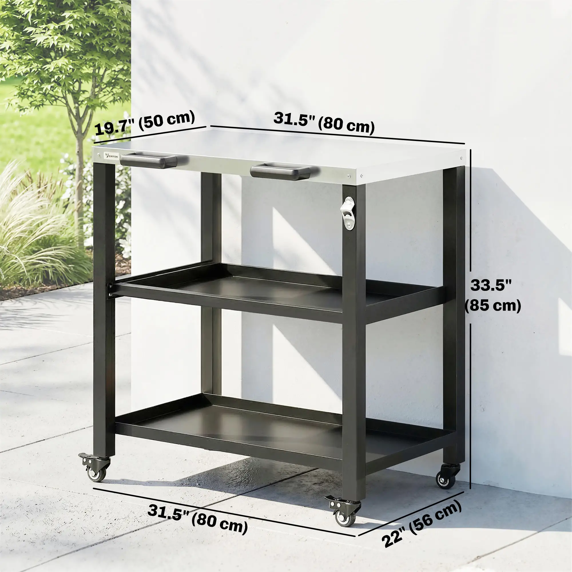Outdoor Grill Cart, Stainless Steel Tabletop, 2 Shelves, Lockable Wheels - Image 3