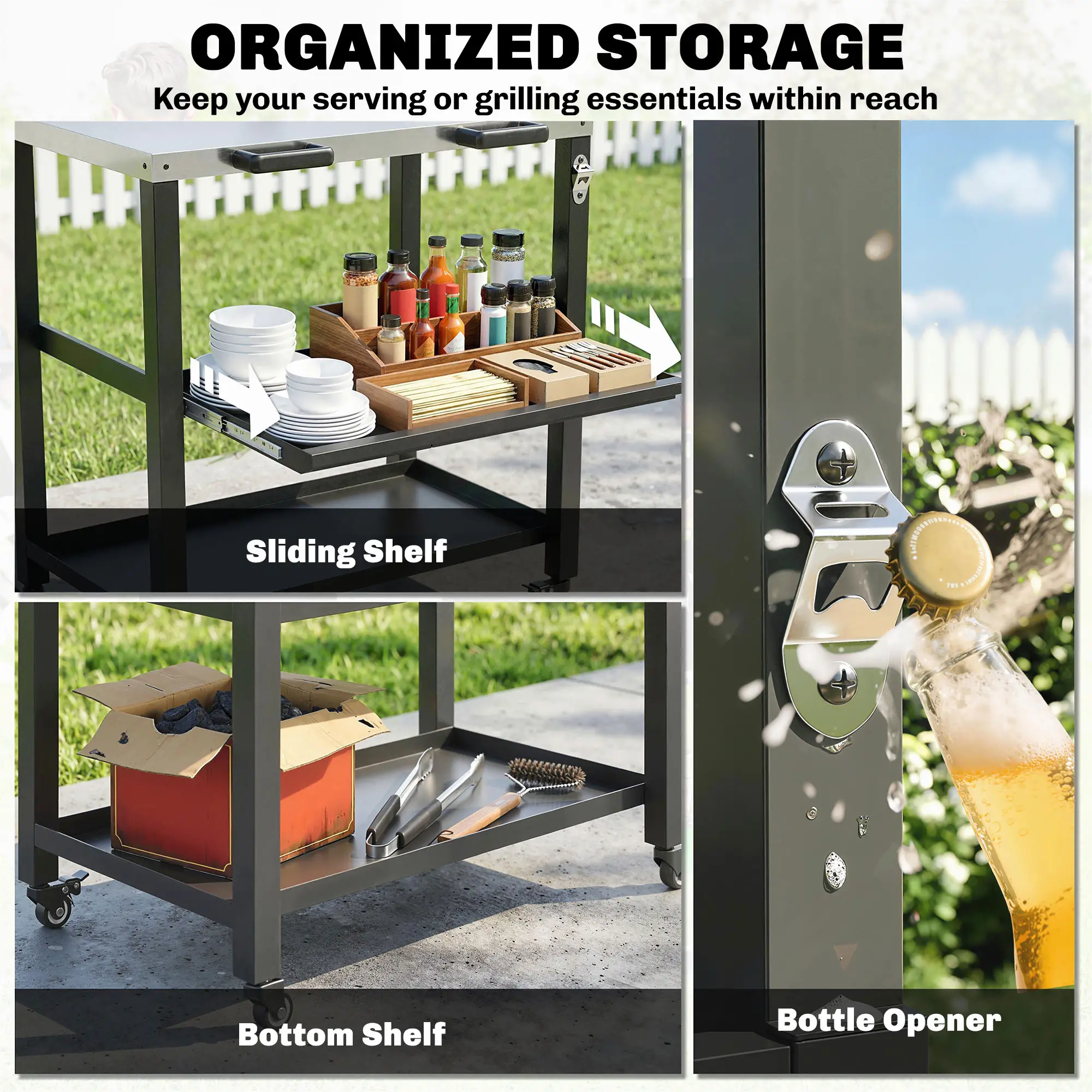 Outdoor Grill Cart, Stainless Steel Tabletop, 2 Shelves, Lockable Wheels - Image 5
