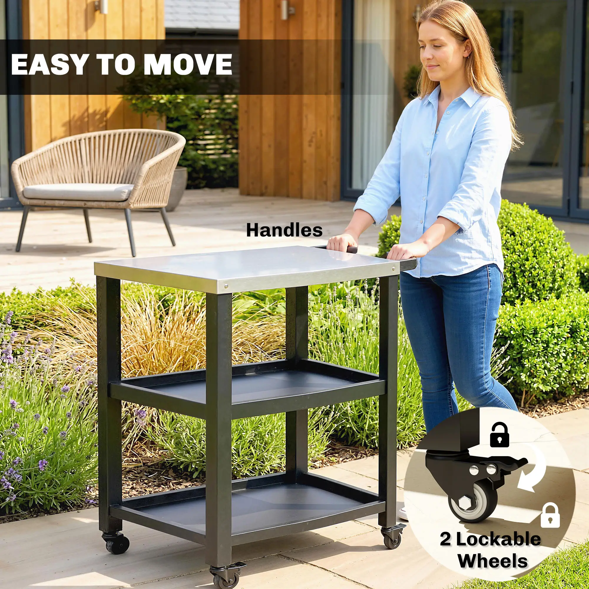 Outdoor Grill Cart, Stainless Steel Tabletop, 2 Shelves, Lockable Wheels - Image 6