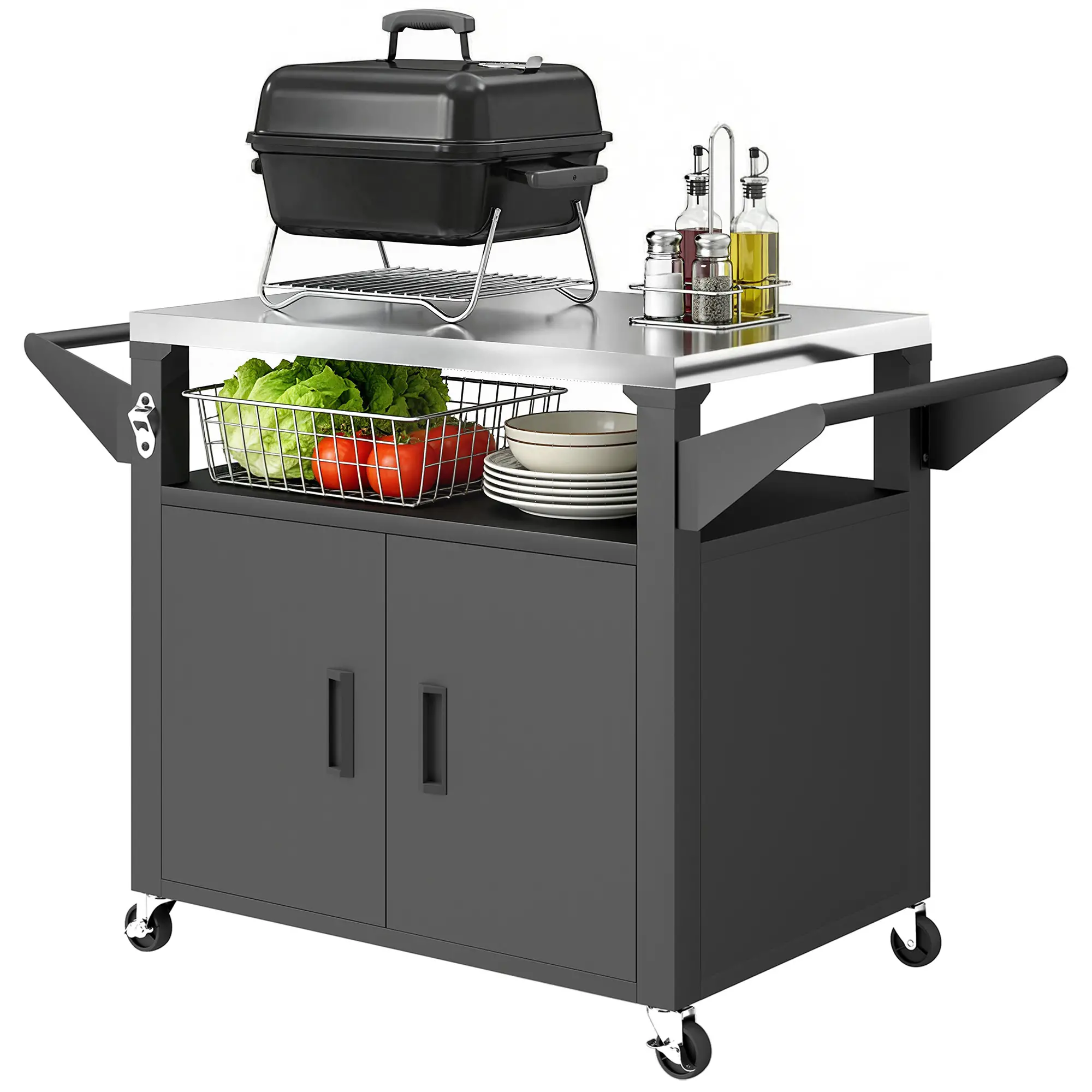 Outdoor Grill Cart, Stainless Steel Tabletop, 3-Shelf Pizza Oven Stand, Storage Cabinet, Wheels, Black