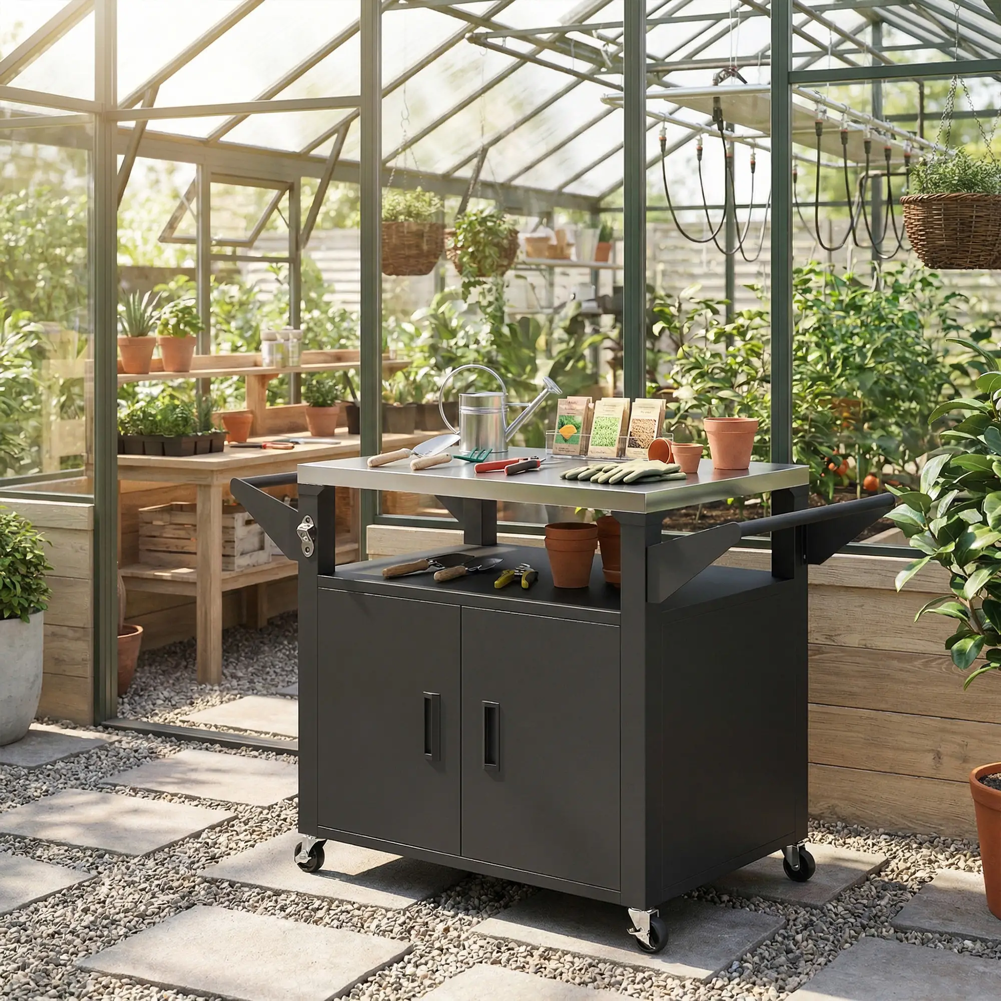 Outdoor Grill Cart, Stainless Steel Tabletop, 3-Shelf Pizza Oven Stand, Storage Cabinet, Wheels, Black - Image 10
