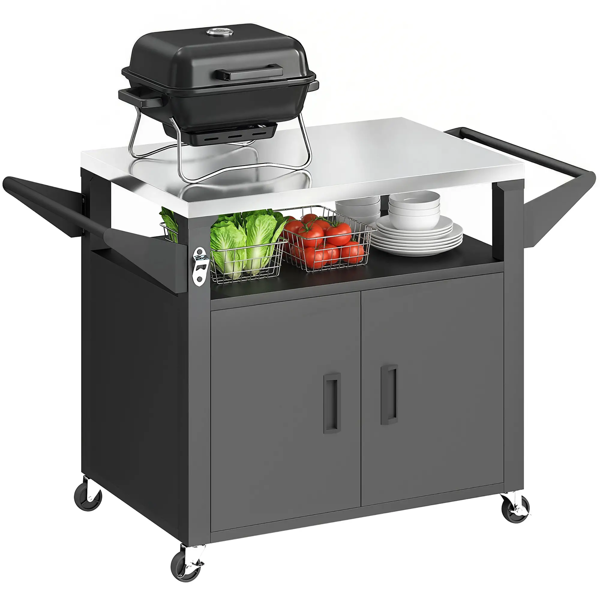 Outdoor Grill Cart, Stainless Steel Tabletop, 3-Shelf Pizza Oven Stand, Storage Cabinet, Wheels, Black - Image 11