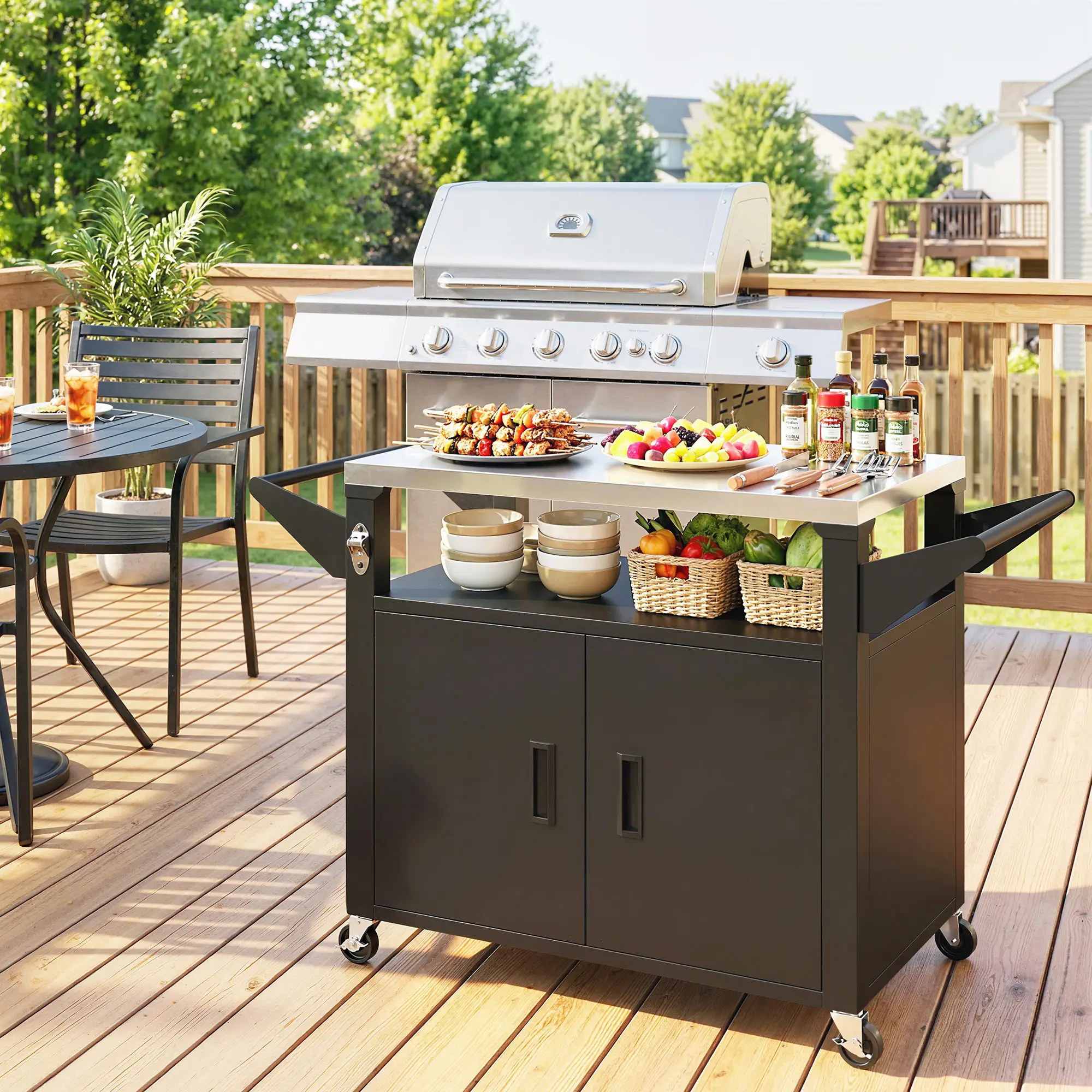 Outdoor Grill Cart, Stainless Steel Tabletop, 3-Shelf Pizza Oven Stand, Storage Cabinet, Wheels, Black - Image 2