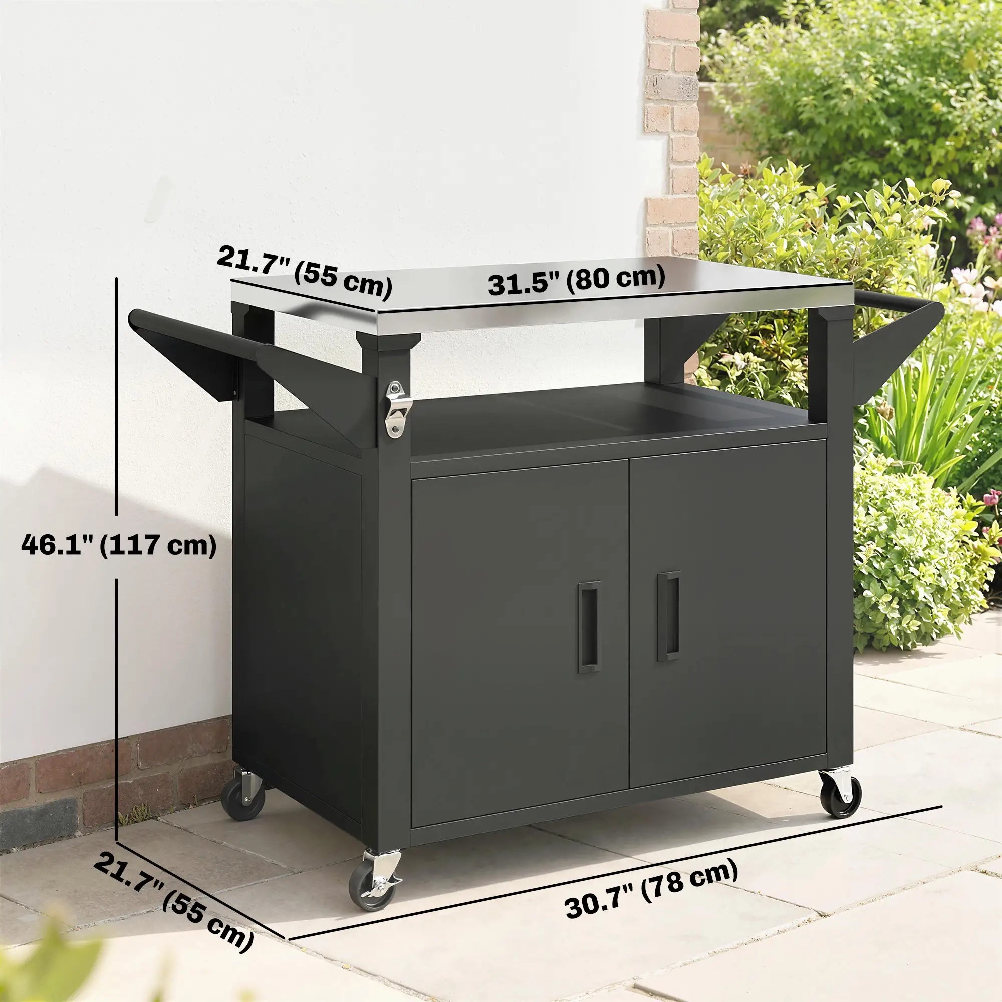 Outdoor Grill Cart, Stainless Steel Tabletop, 3-Shelf Pizza Oven Stand, Storage Cabinet, Wheels, Black - Image 3