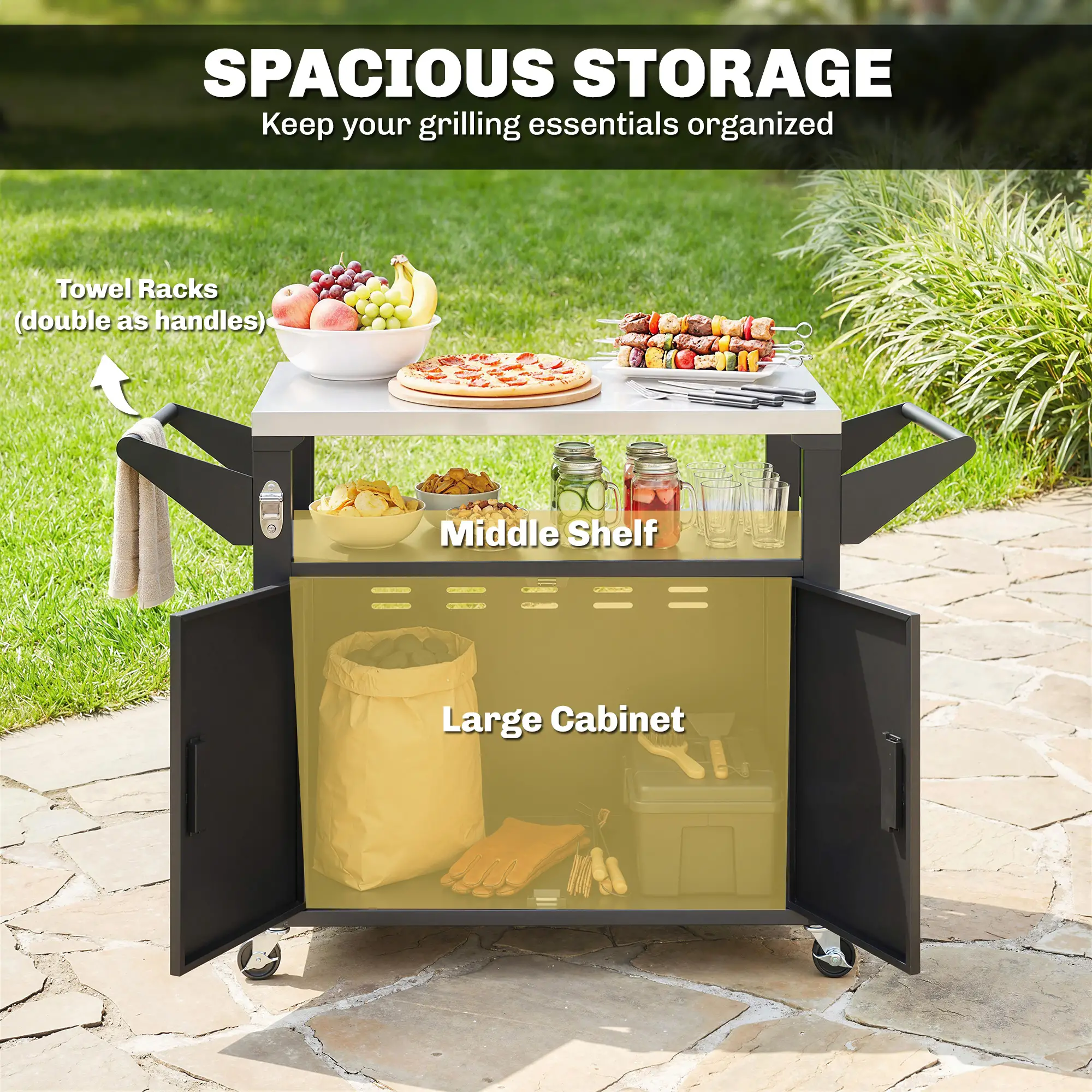 Outdoor Grill Cart, Stainless Steel Tabletop, 3-Shelf Pizza Oven Stand, Storage Cabinet, Wheels, Black - Image 5