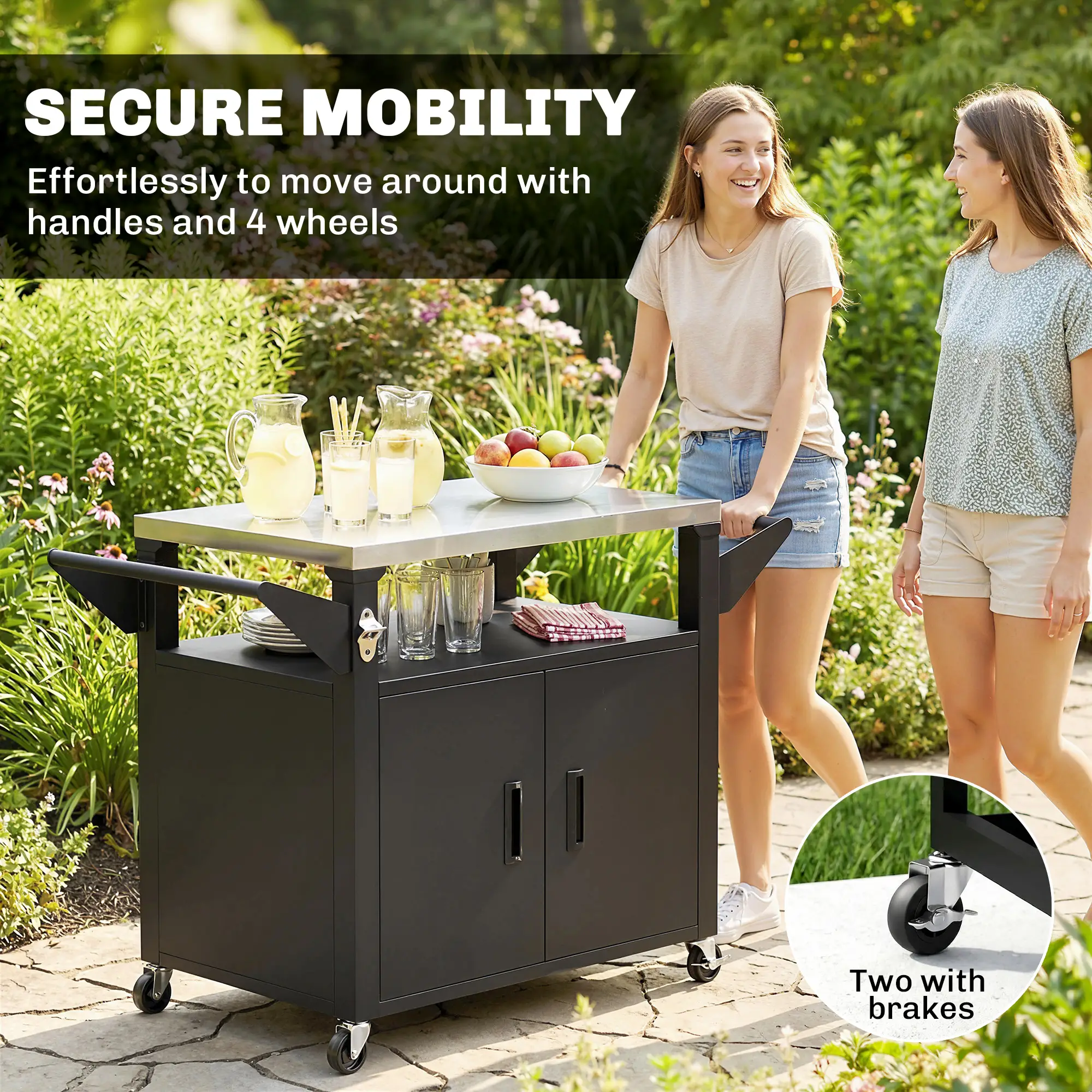 Outdoor Grill Cart, Stainless Steel Tabletop, 3-Shelf Pizza Oven Stand, Storage Cabinet, Wheels, Black - Image 6