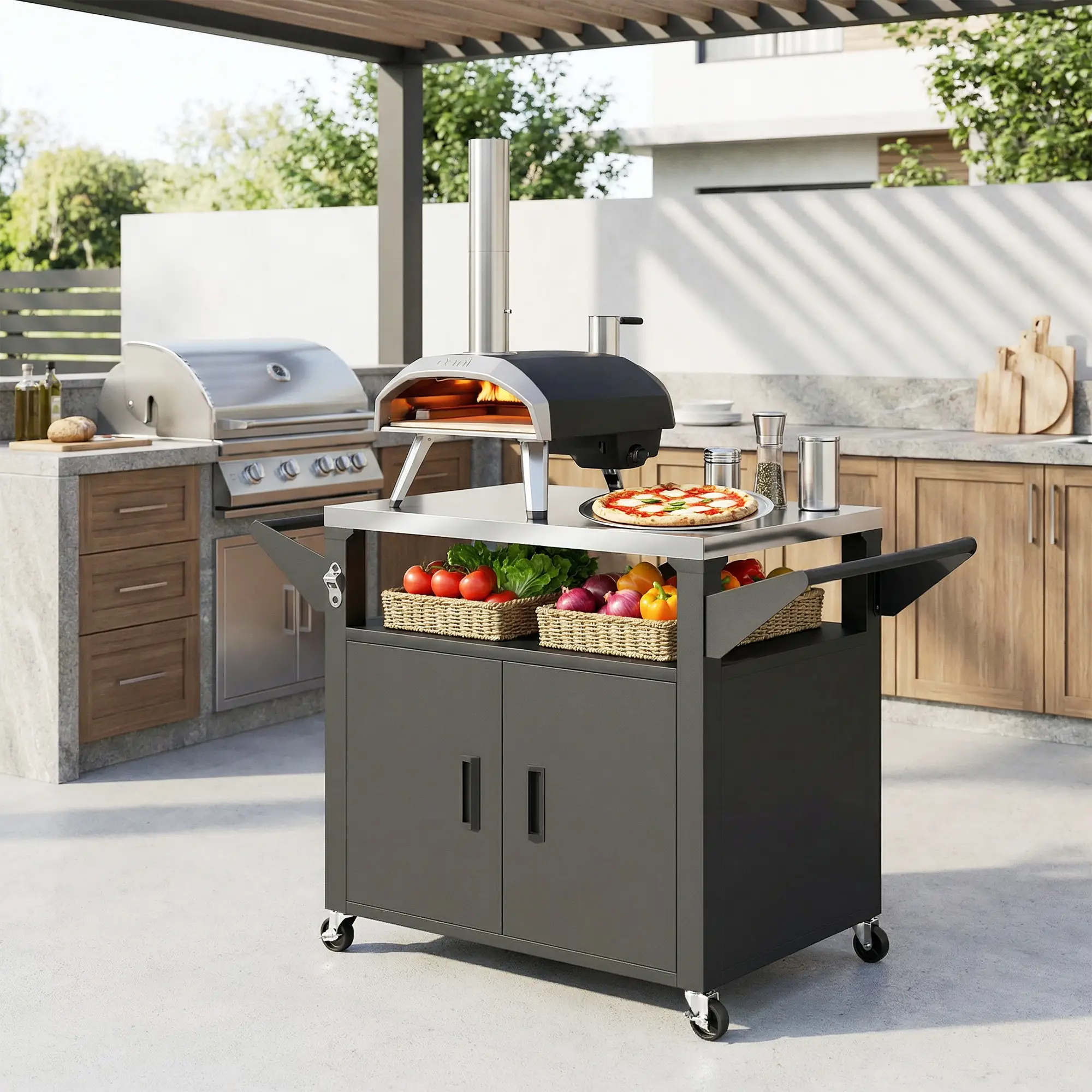 Outdoor Grill Cart, Stainless Steel Tabletop, 3-Shelf Pizza Oven Stand, Storage Cabinet, Wheels, Black - Image 7