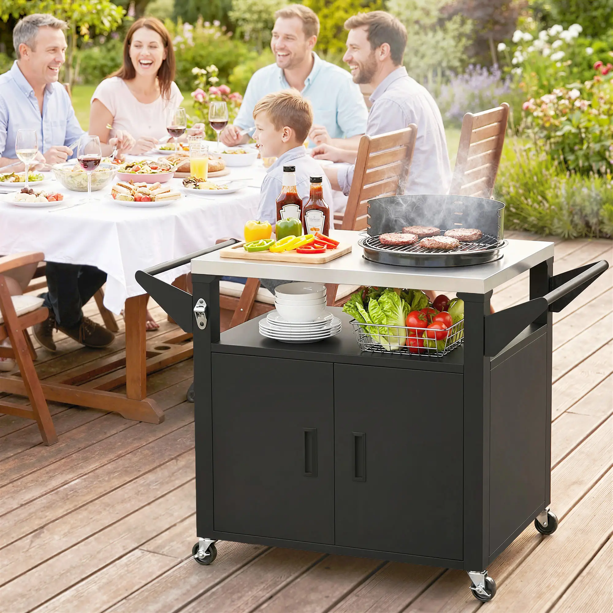 Outdoor Grill Cart, Stainless Steel Tabletop, 3-Shelf Pizza Oven Stand, Storage Cabinet, Wheels, Black - Image 8