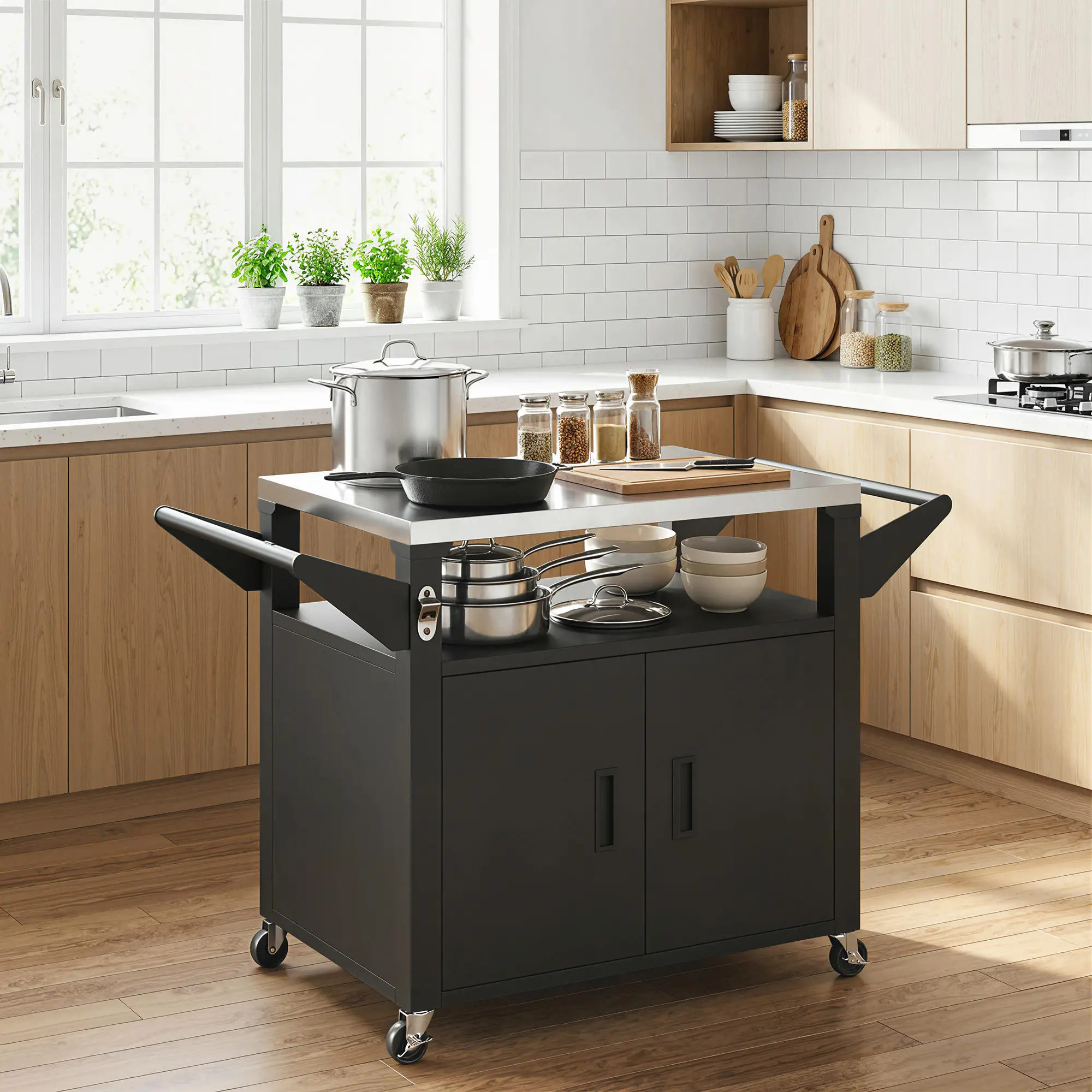 Outdoor Grill Cart, Stainless Steel Tabletop, 3-Shelf Pizza Oven Stand, Storage Cabinet, Wheels, Black - Image 9