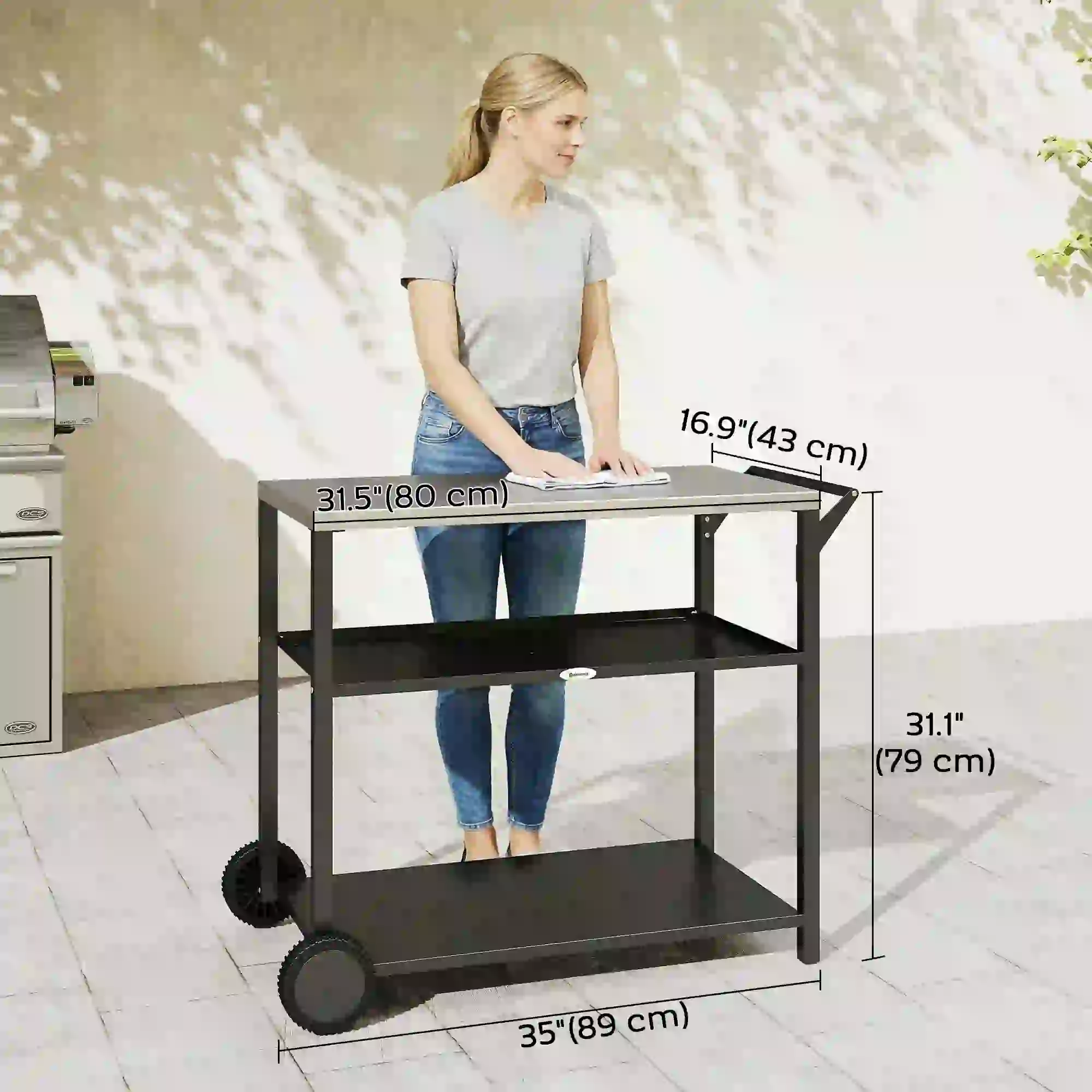 Outdoor Grill Cart, Stainless Steel Tabletop, 3-Tier BBQ Stand, Black - Image 3