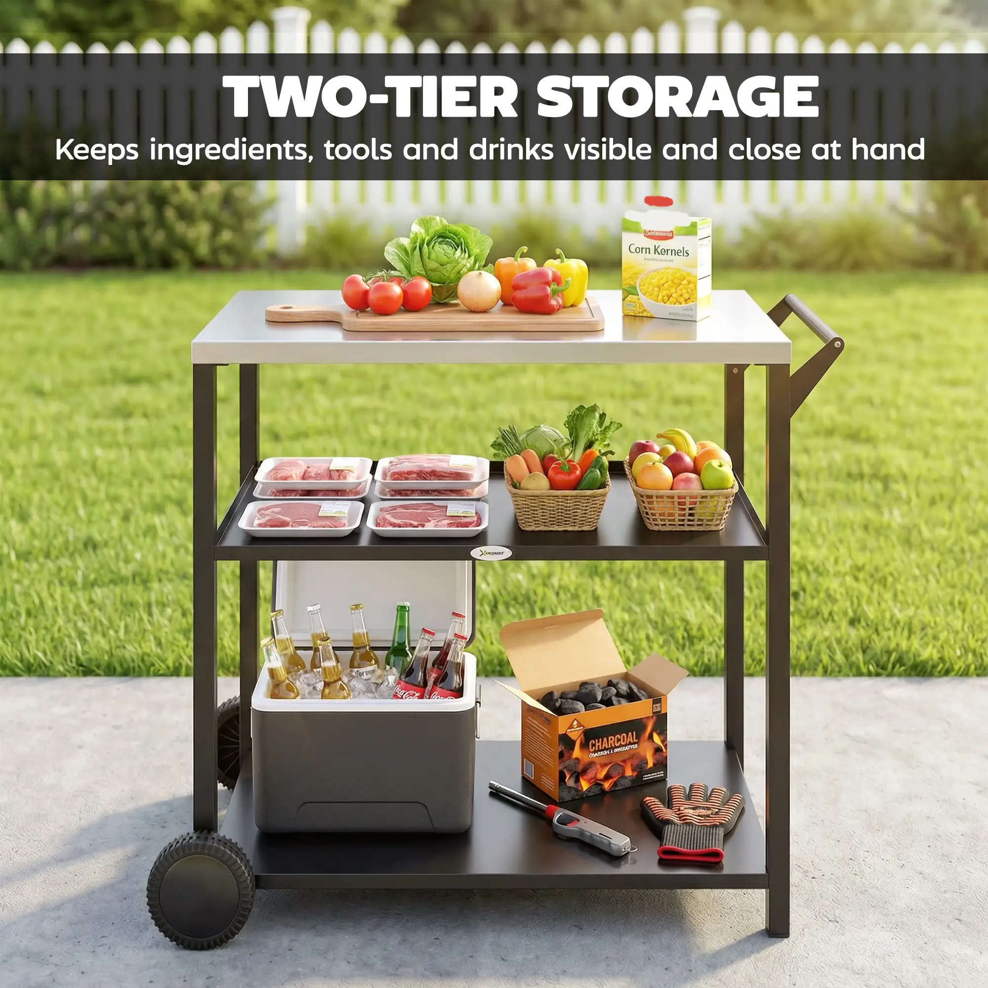 Outdoor Grill Cart, Stainless Steel Tabletop, 3-Tier BBQ Stand, Black - Image 5