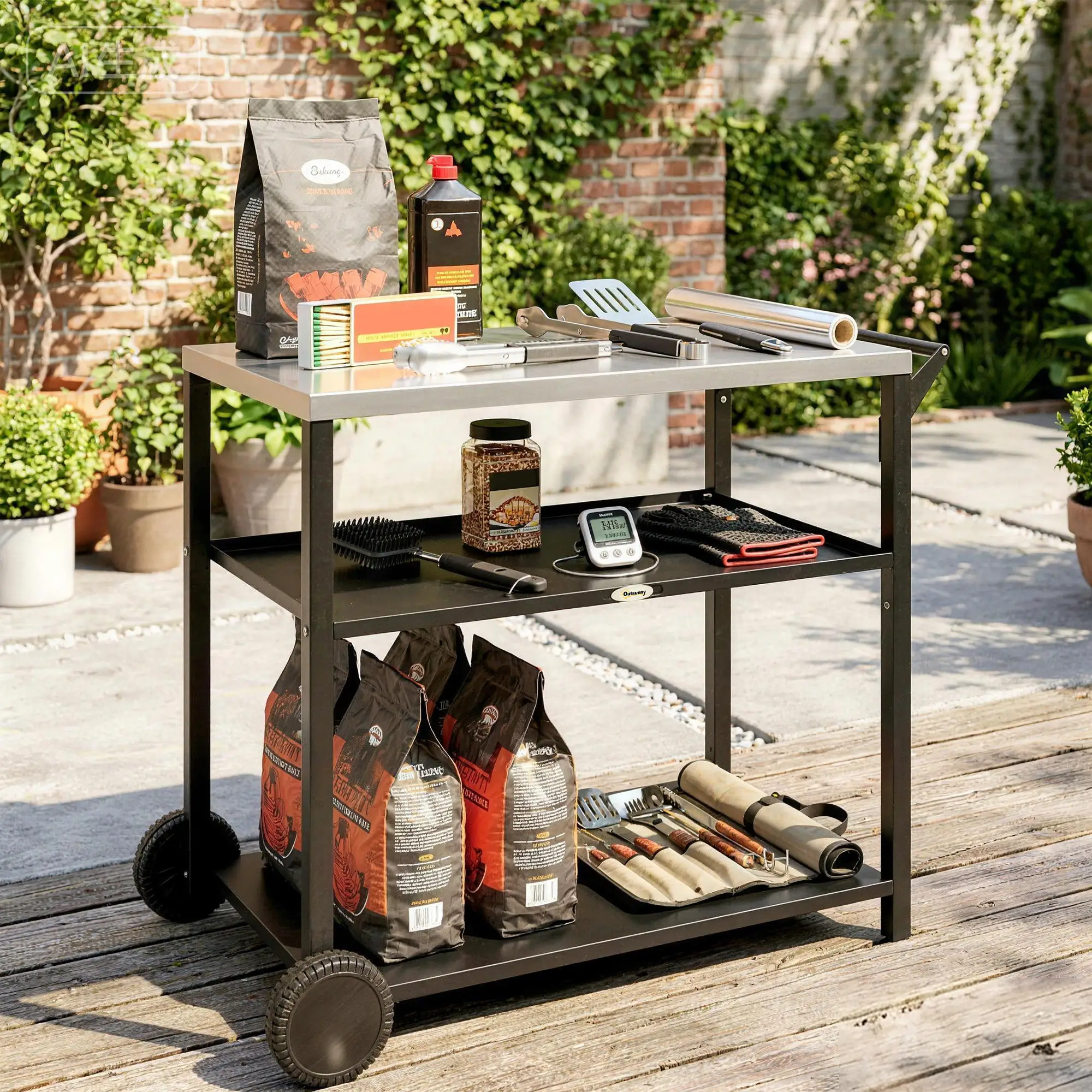 Outdoor Grill Cart, Stainless Steel Tabletop, 3-Tier BBQ Stand, Black - Image 9