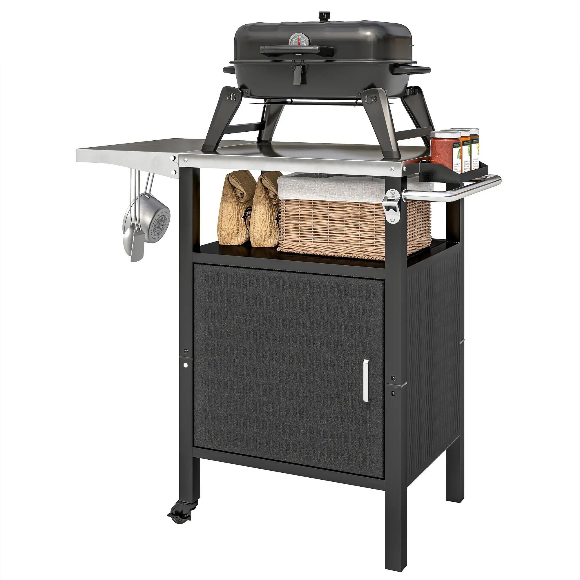 Outdoor Grill Cart, Stainless Steel Top, Foldable Side Table, Silver