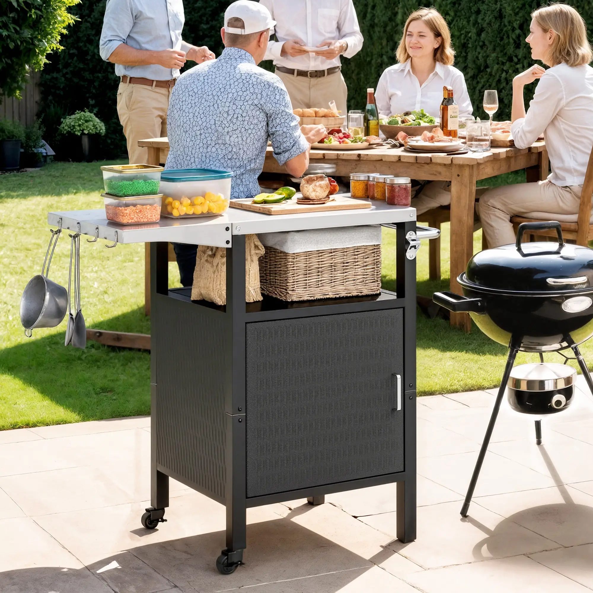 Outdoor Grill Cart, Stainless Steel Top, Foldable Side Table, Silver - Image 8