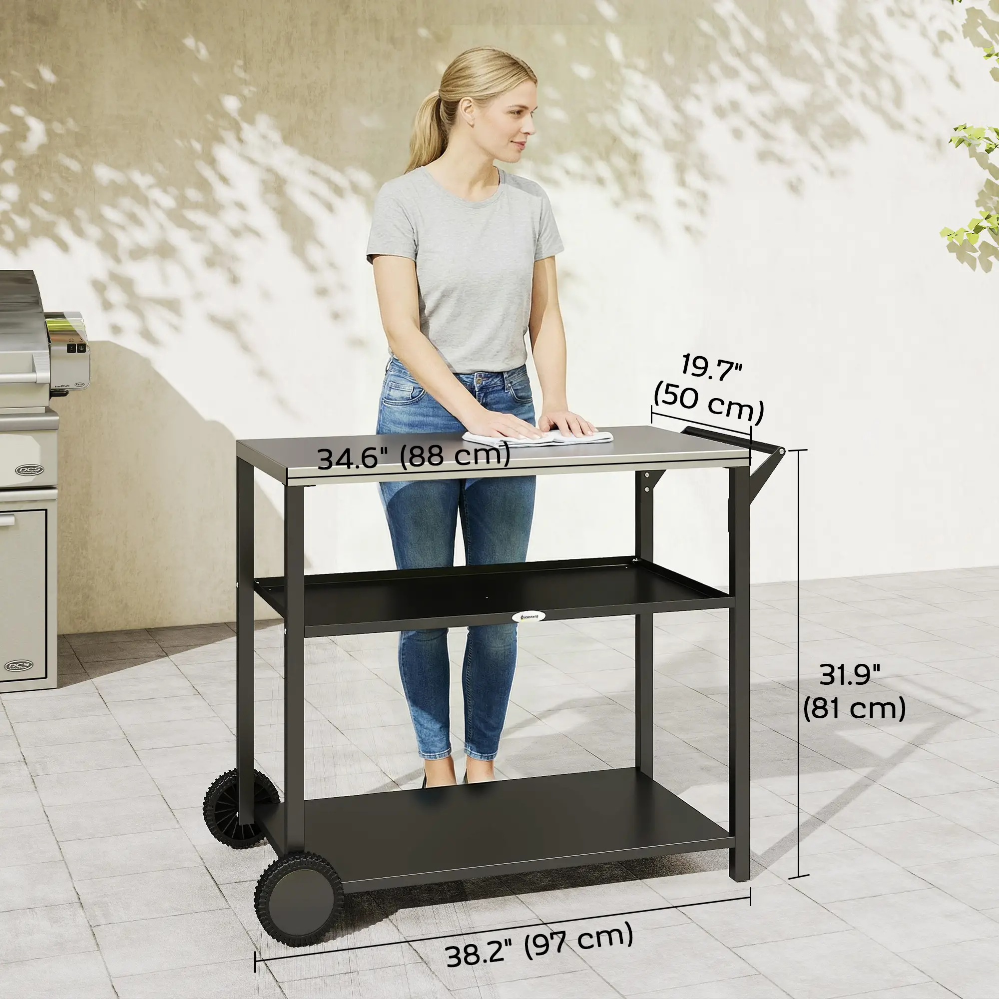 Outdoor Grill Cart, Stainless Steel Top, Three-Tier Pizza Oven Stand, Black - Image 3