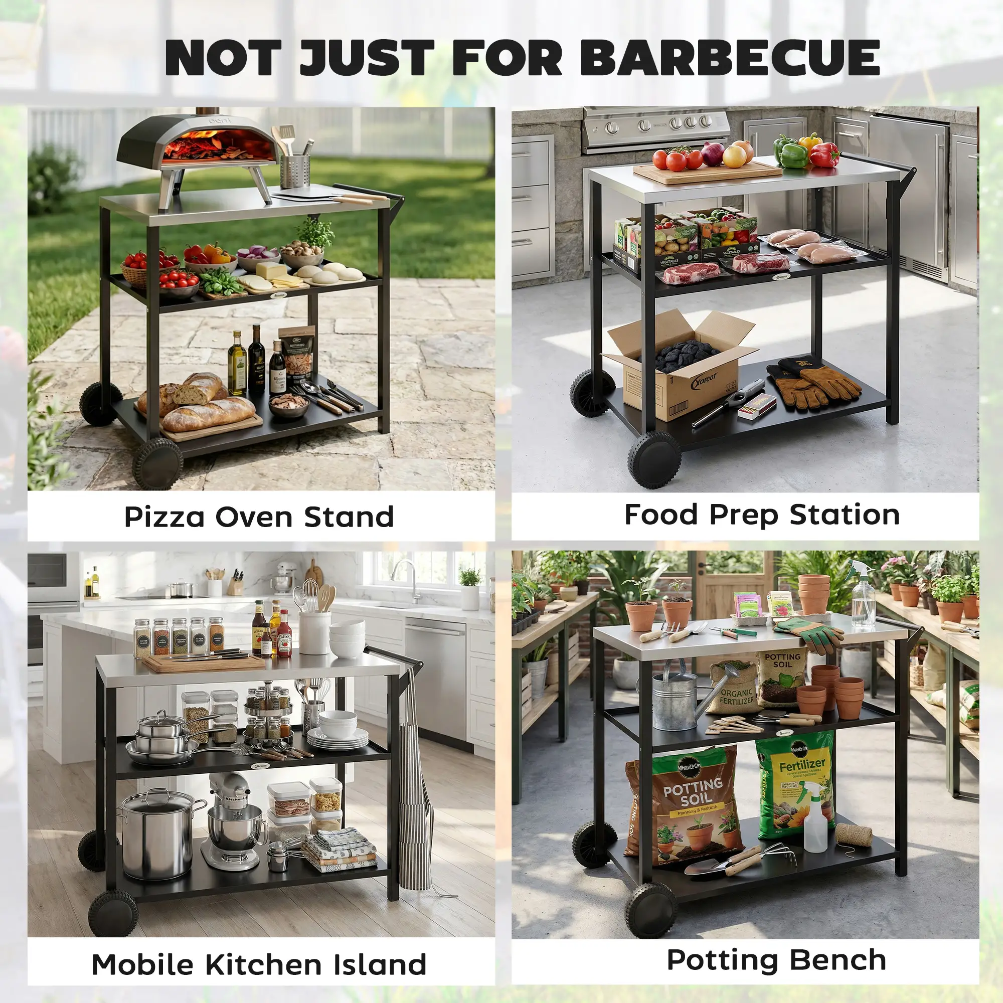 Outdoor Grill Cart, Stainless Steel Top, Three-Tier Pizza Oven Stand, Black - Image 7