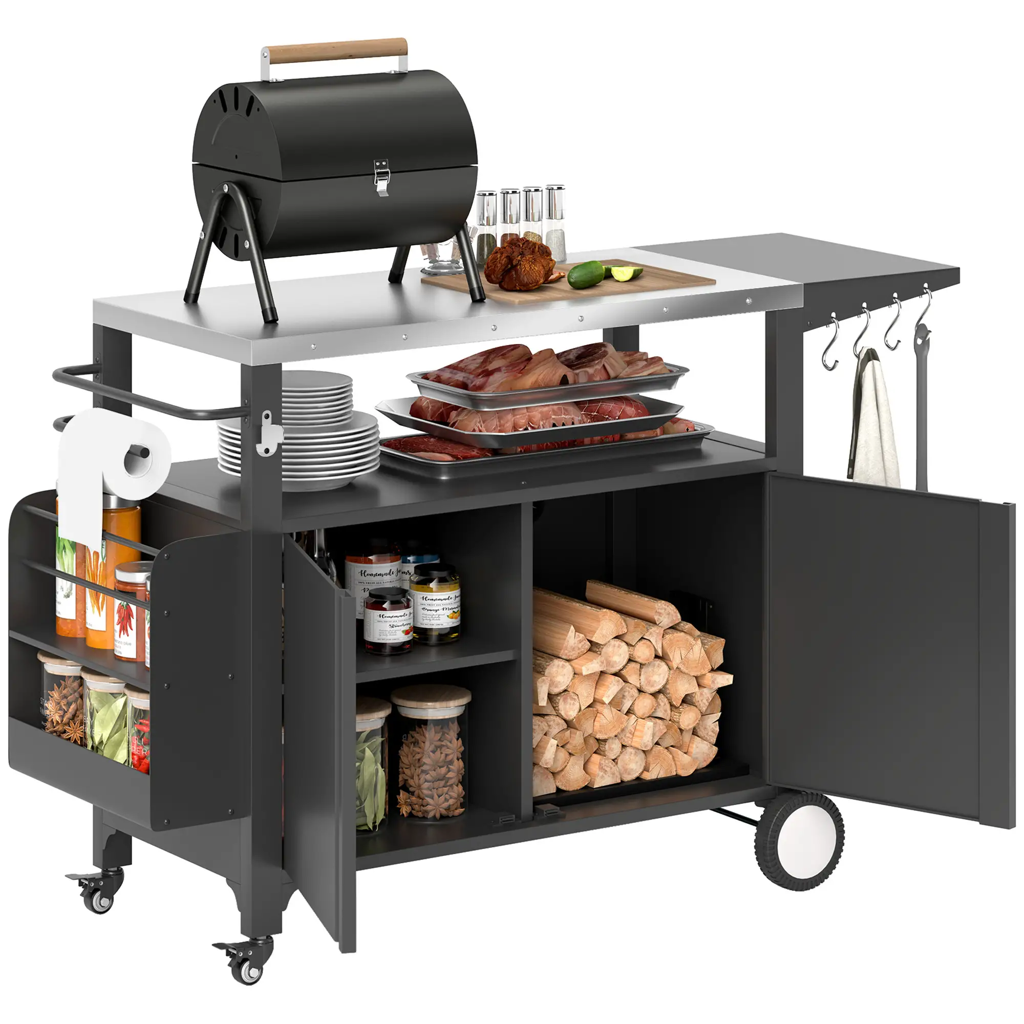 Outdoor Grill Cart With Foldable Side Table, Stainless Steel Tabletop, Pizza Oven Stand - Image 11