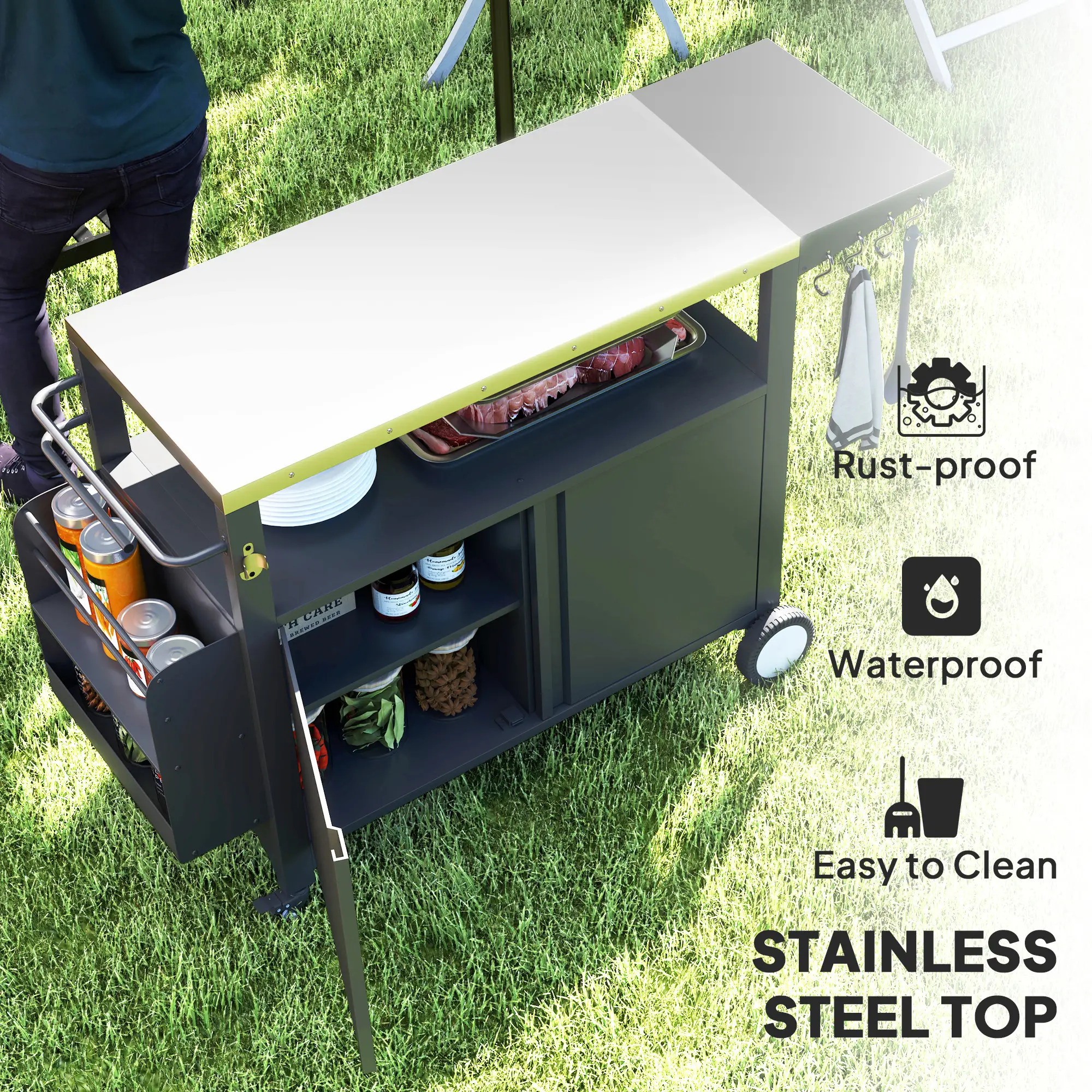 Outdoor Grill Cart With Foldable Side Table, Stainless Steel Tabletop, Pizza Oven Stand - Image 4