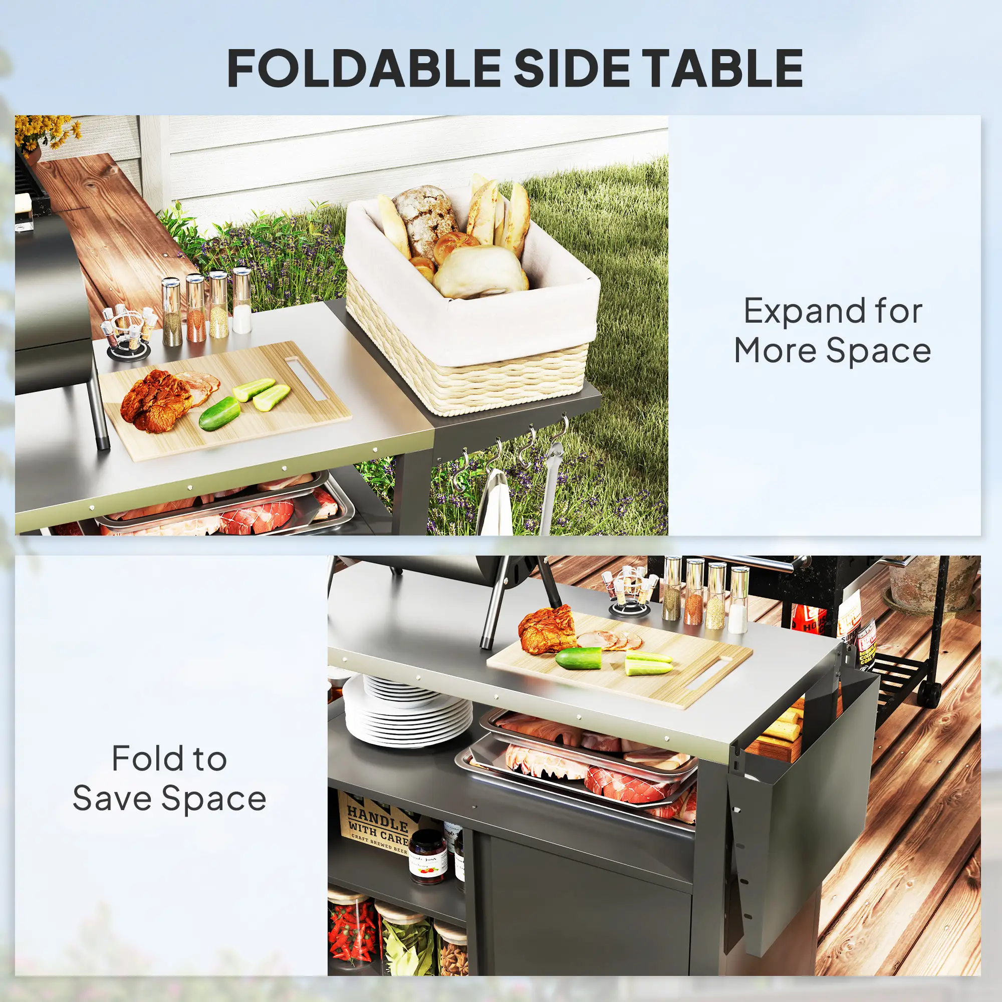 Outdoor Grill Cart With Foldable Side Table, Stainless Steel Tabletop, Pizza Oven Stand - Image 5