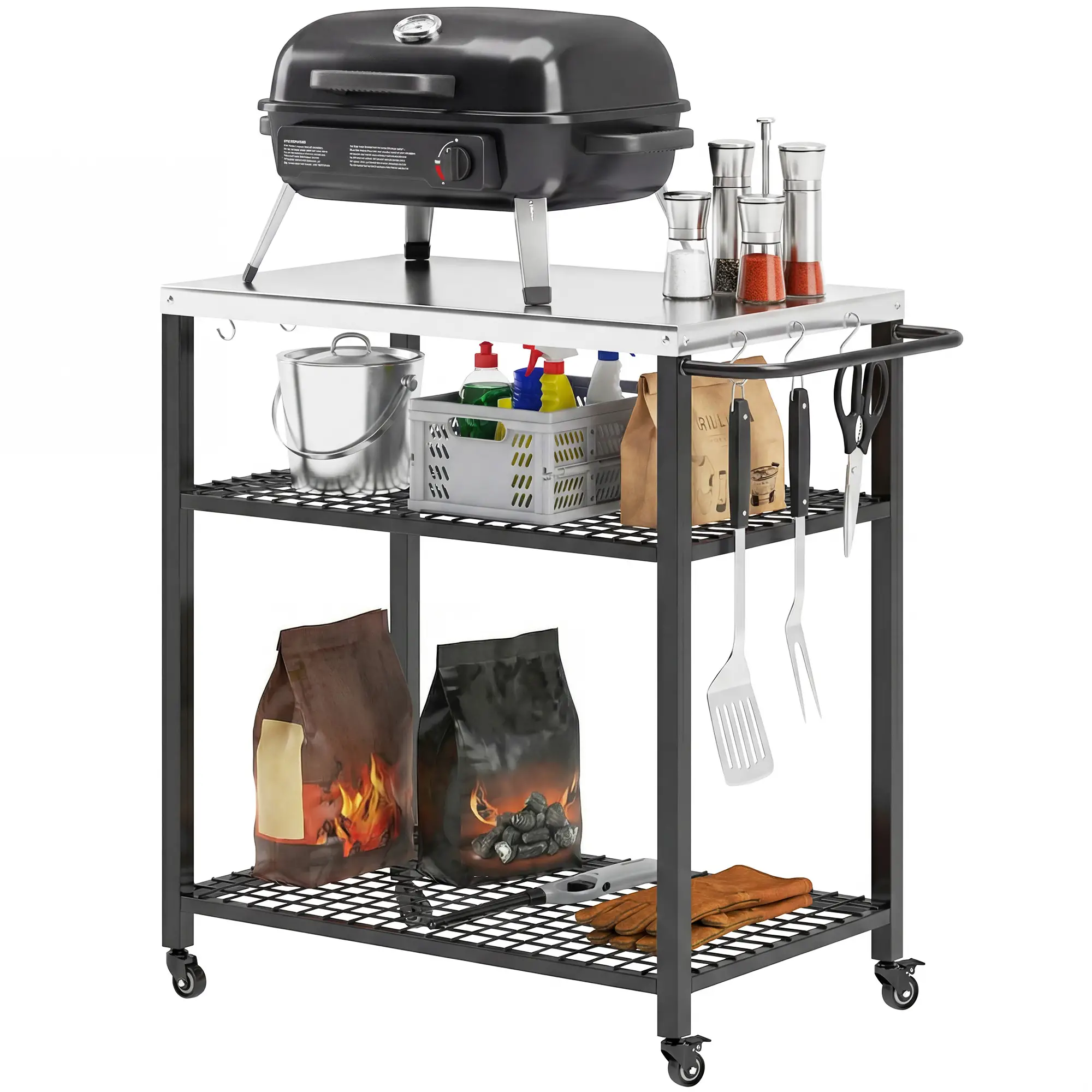 Outdoor Grill Cart With Stainless Steel Top, Two-Shelf Pizza Oven Stand, Black