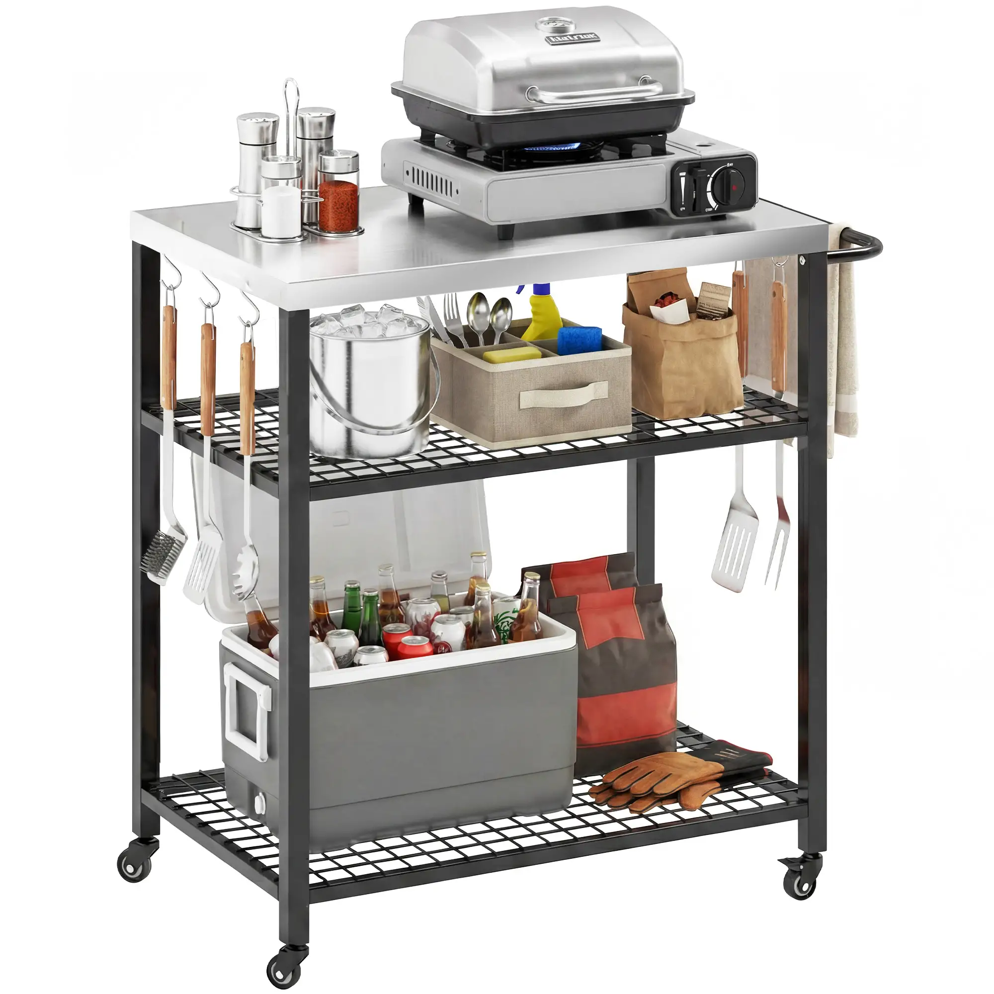 Outdoor Grill Cart With Stainless Steel Top, Two-Shelf Pizza Oven Stand, Black - Image 11