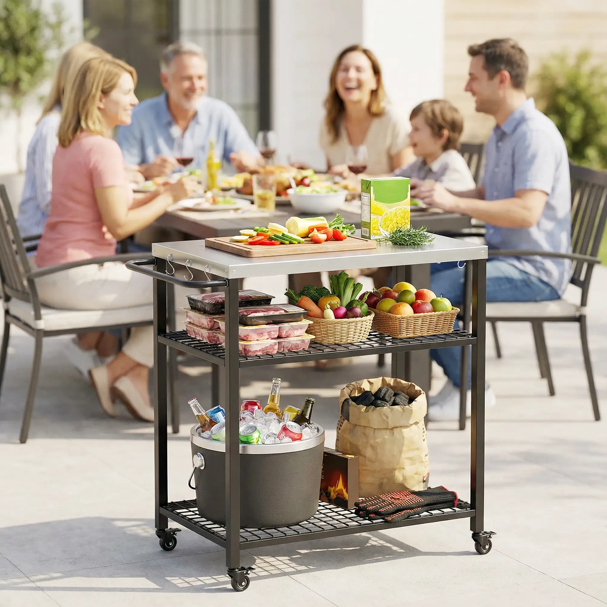 Outdoor Grill Cart With Stainless Steel Top, Two-Shelf Pizza Oven Stand, Black - Image 2