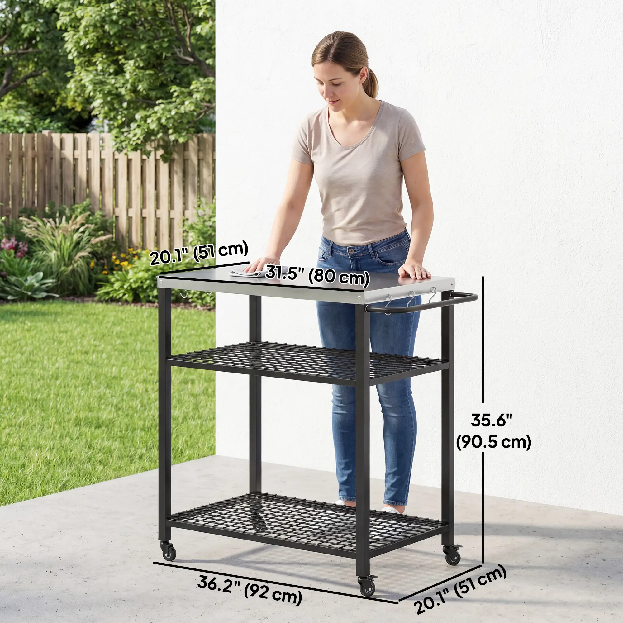 Outdoor Grill Cart With Stainless Steel Top, Two-Shelf Pizza Oven Stand, Black - Image 3